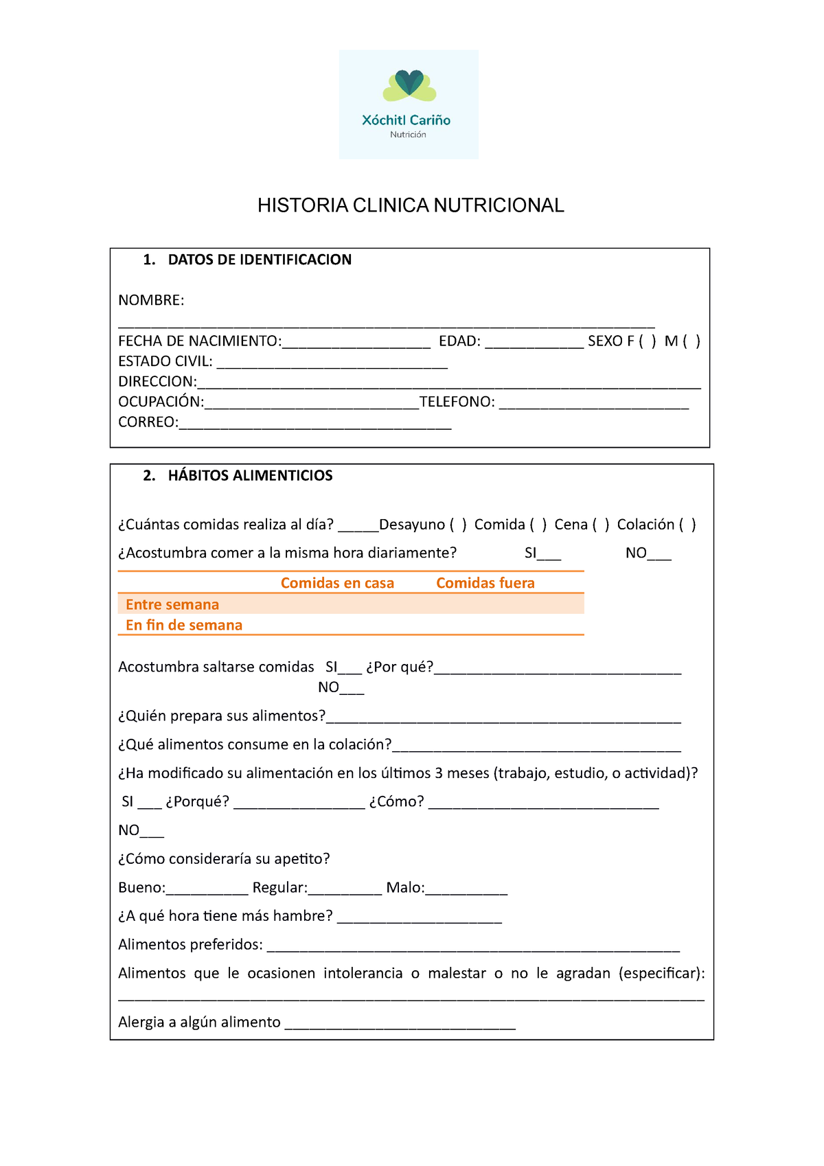 Historia Clinica Nutricional Docx Historia Clinica Nutricional 1 Datos De Identificacion 8471