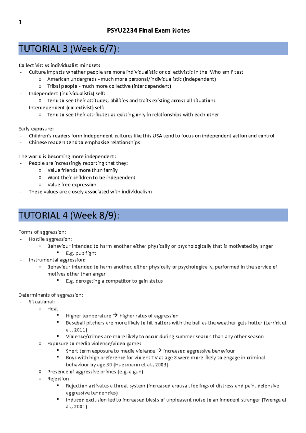 PSYU2234 Notes - PSYU2234 Final Exam Notes TUTORIAL 3 (Week 6/7 ...