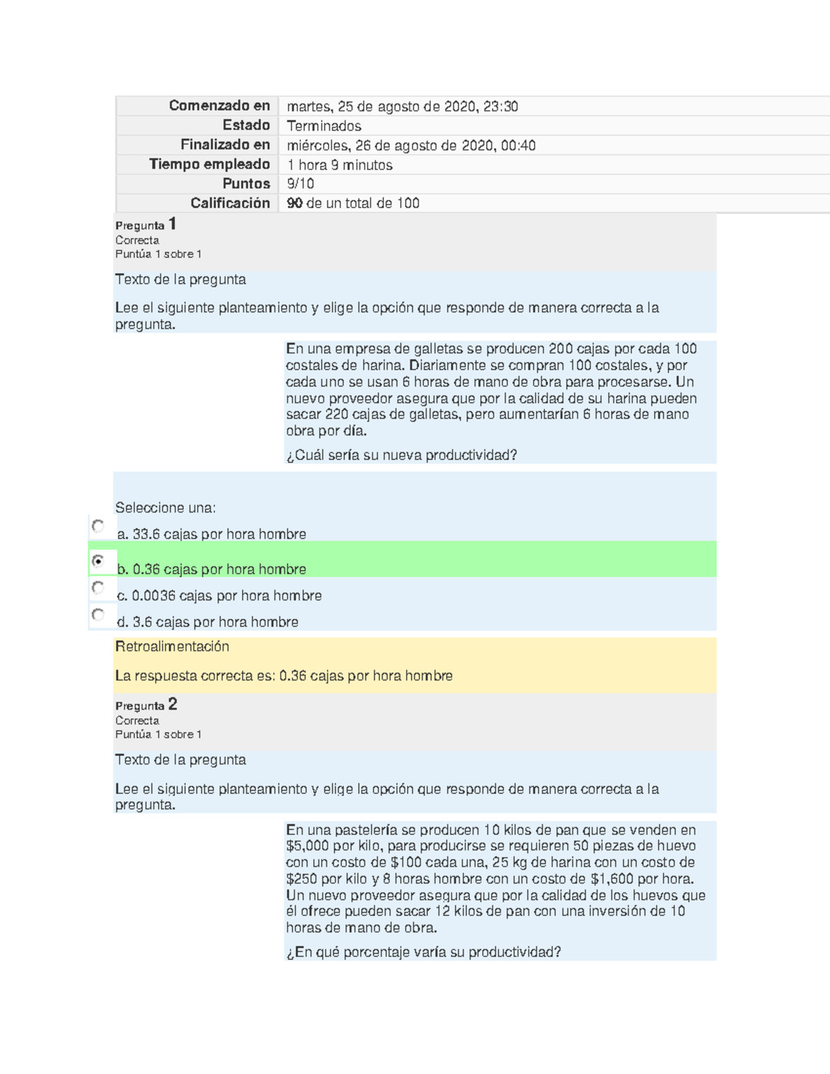 Examen Indice D LA Productividad Comenzado en martes, 25 de agosto de