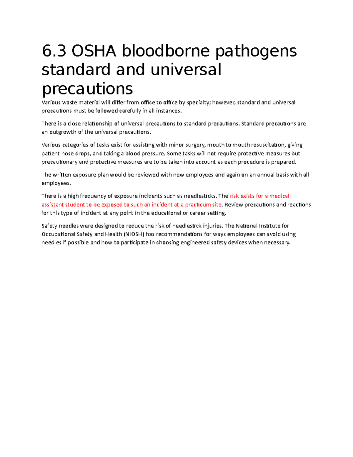 6.3 OSHA Bloodborne Pathogens Standard And Universal Precautions - 6 ...