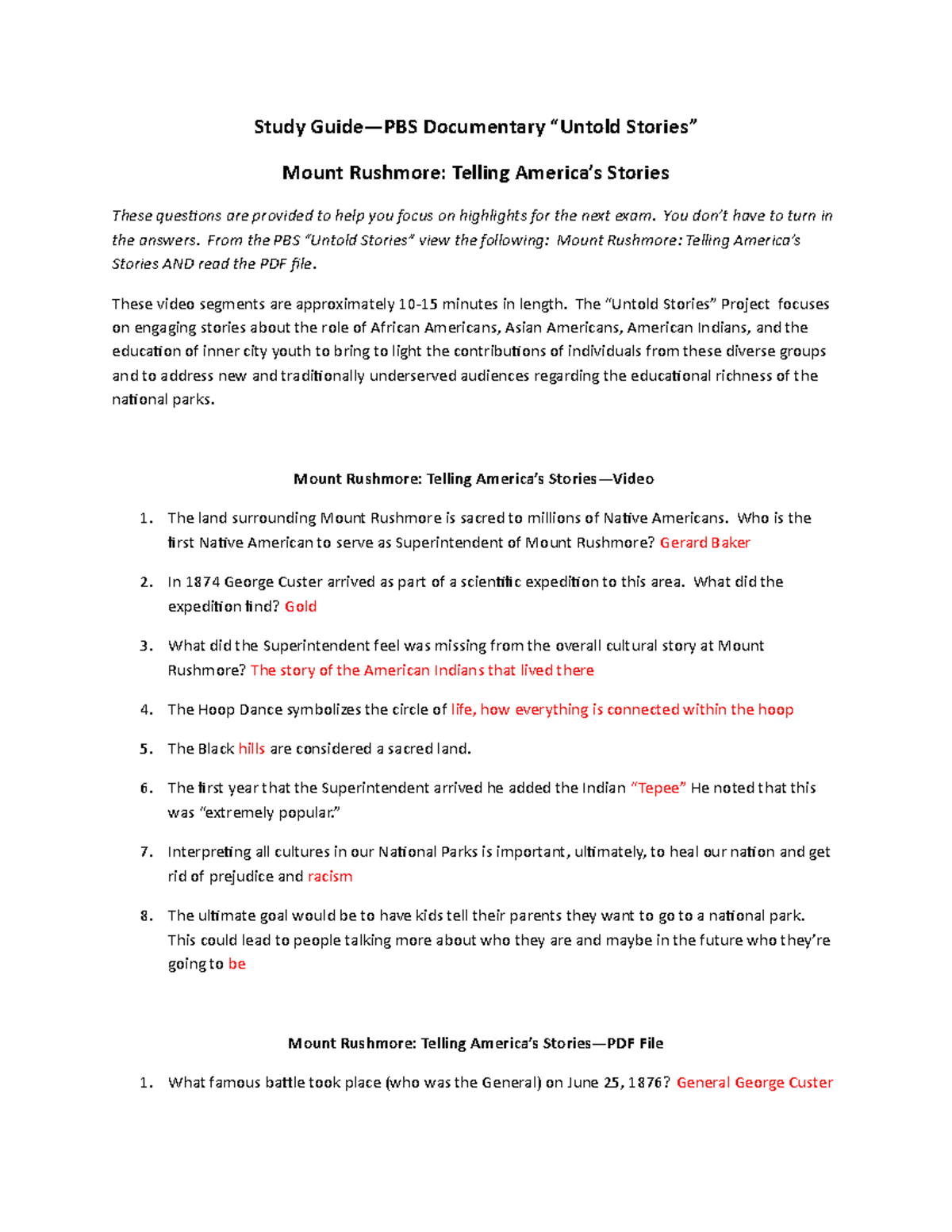 Study Guide Mount Rushmore Study Documentary Mount Rushmore Telling