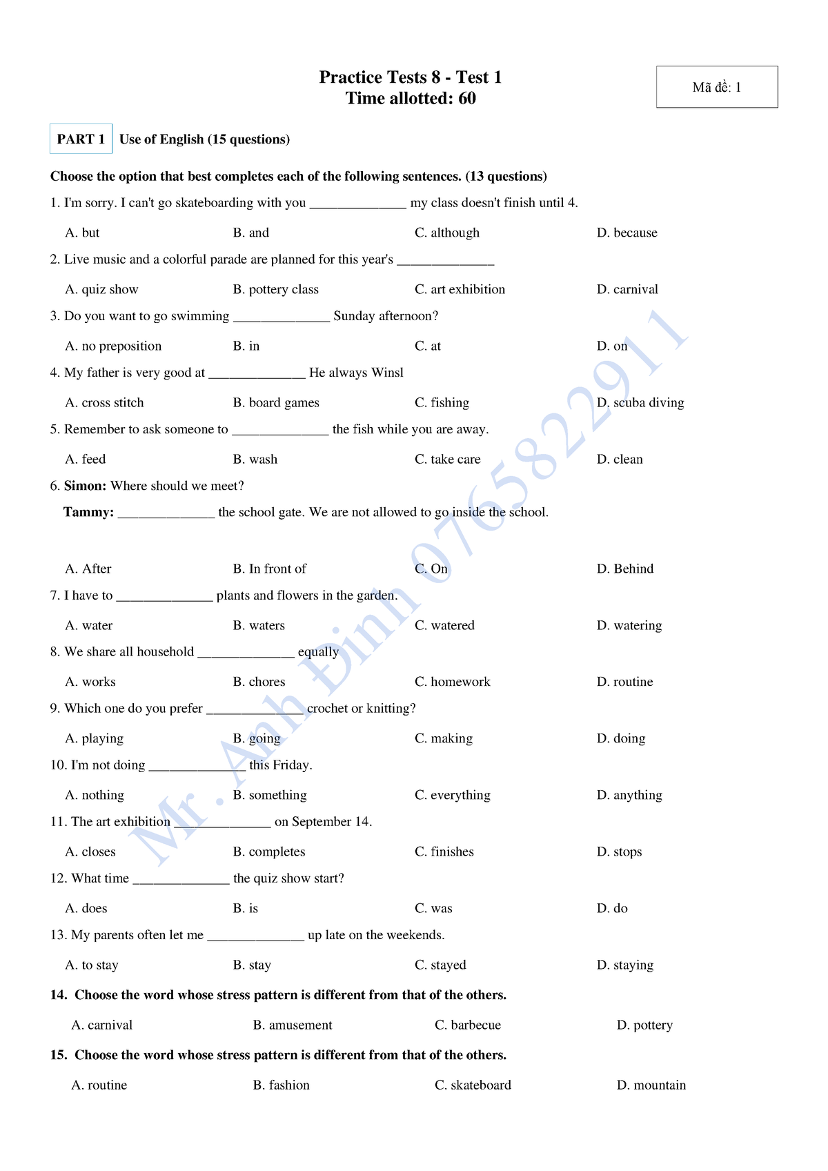 Practice Tests 8 - Test 1 - 1 - Practice Tests 8 - Test 1 Time Allotted ...