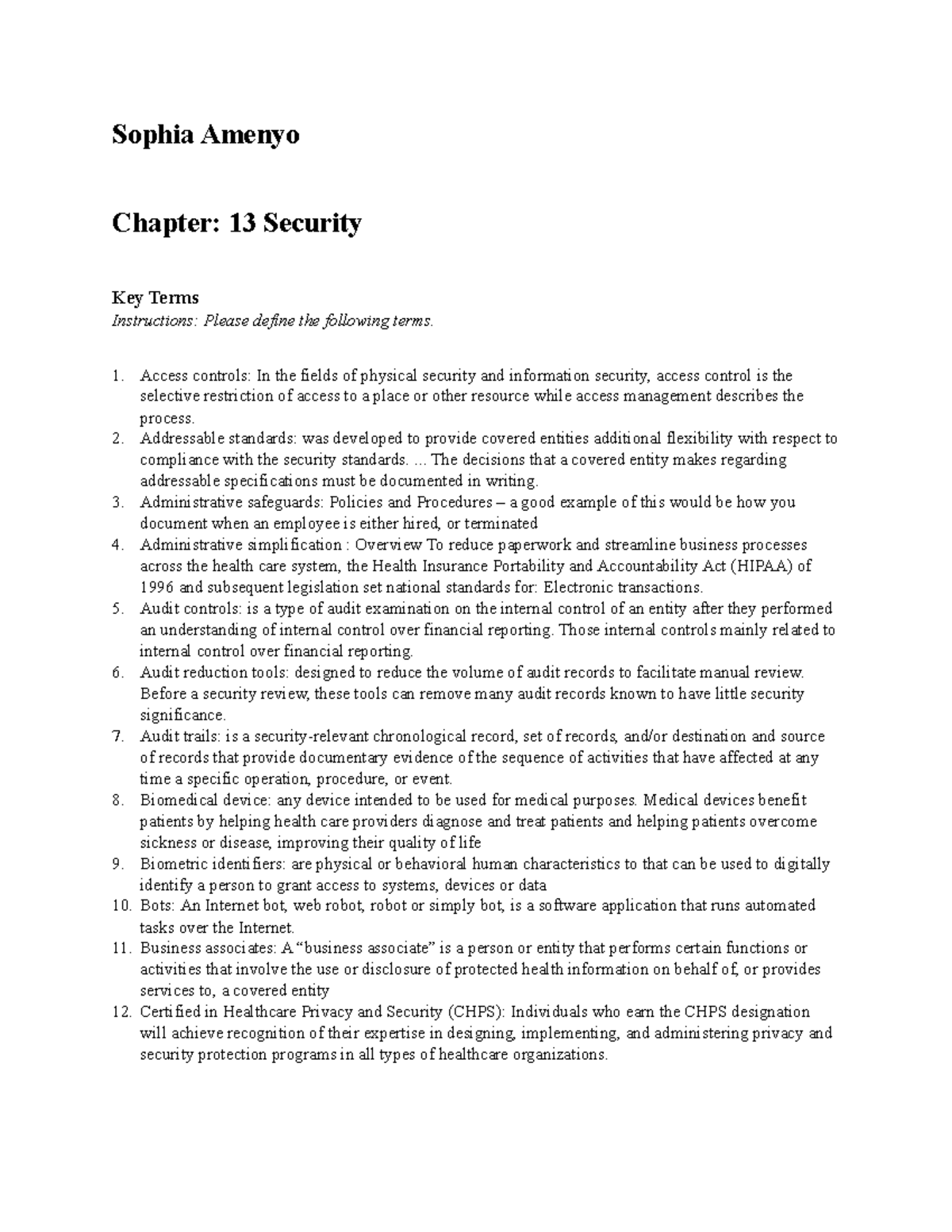 Chapter 13 In-Class Assignment - Sophia Amenyo Chapter: 13 Security Key ...