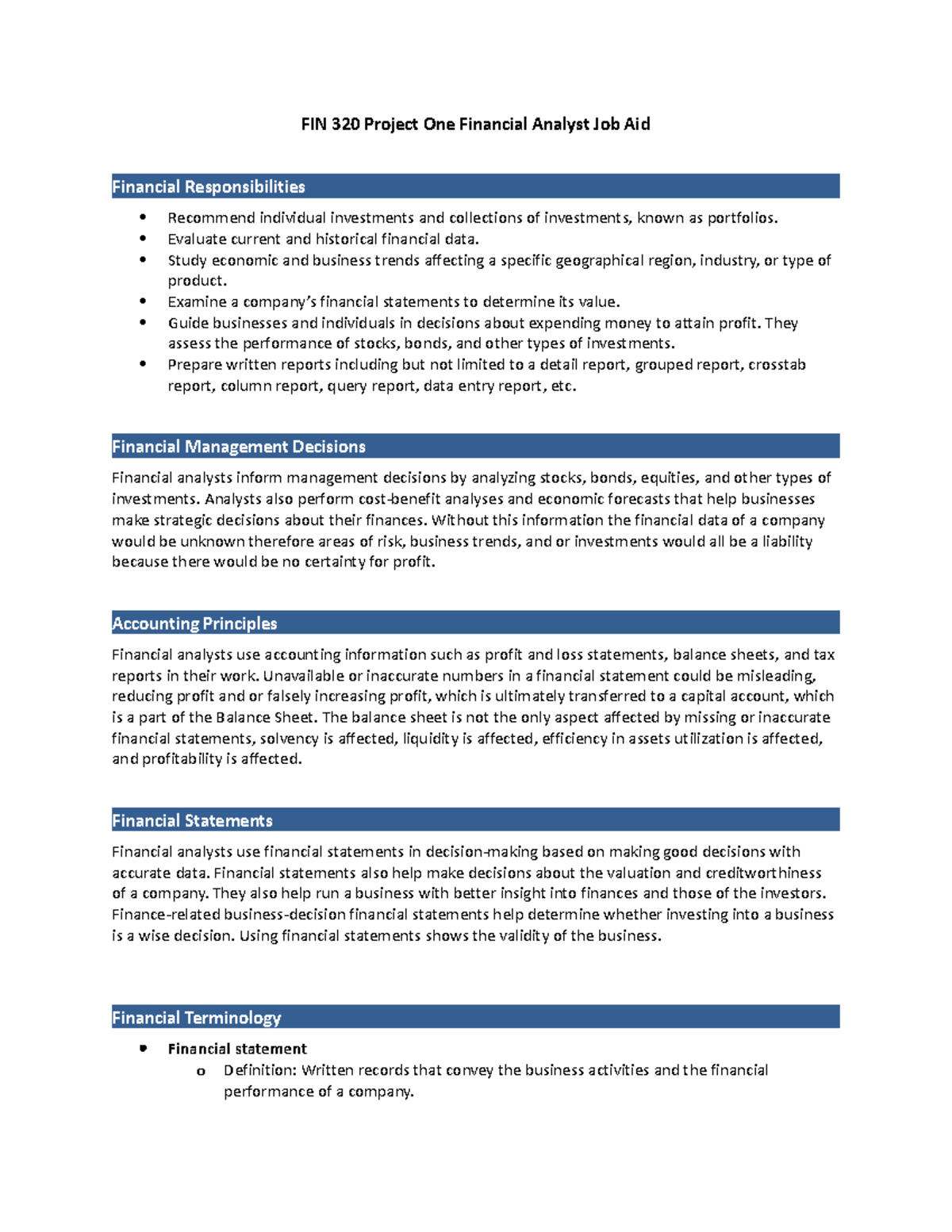 Project One Financial Analyst Job Aid - FIN 320 Project One Financial ...
