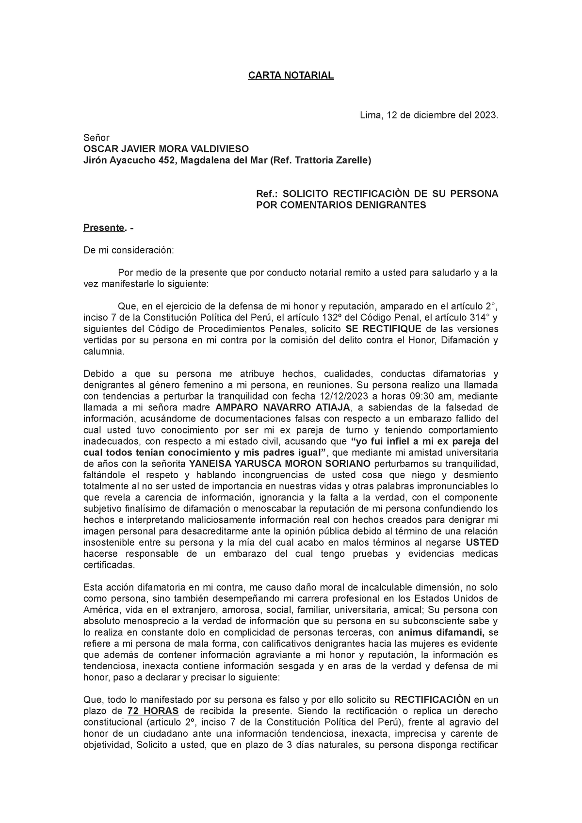 Carta Notarial De Difamacion Carta Notarial Lima 12 De Diciembre Del 2023 Señor Oscar Javier 7802