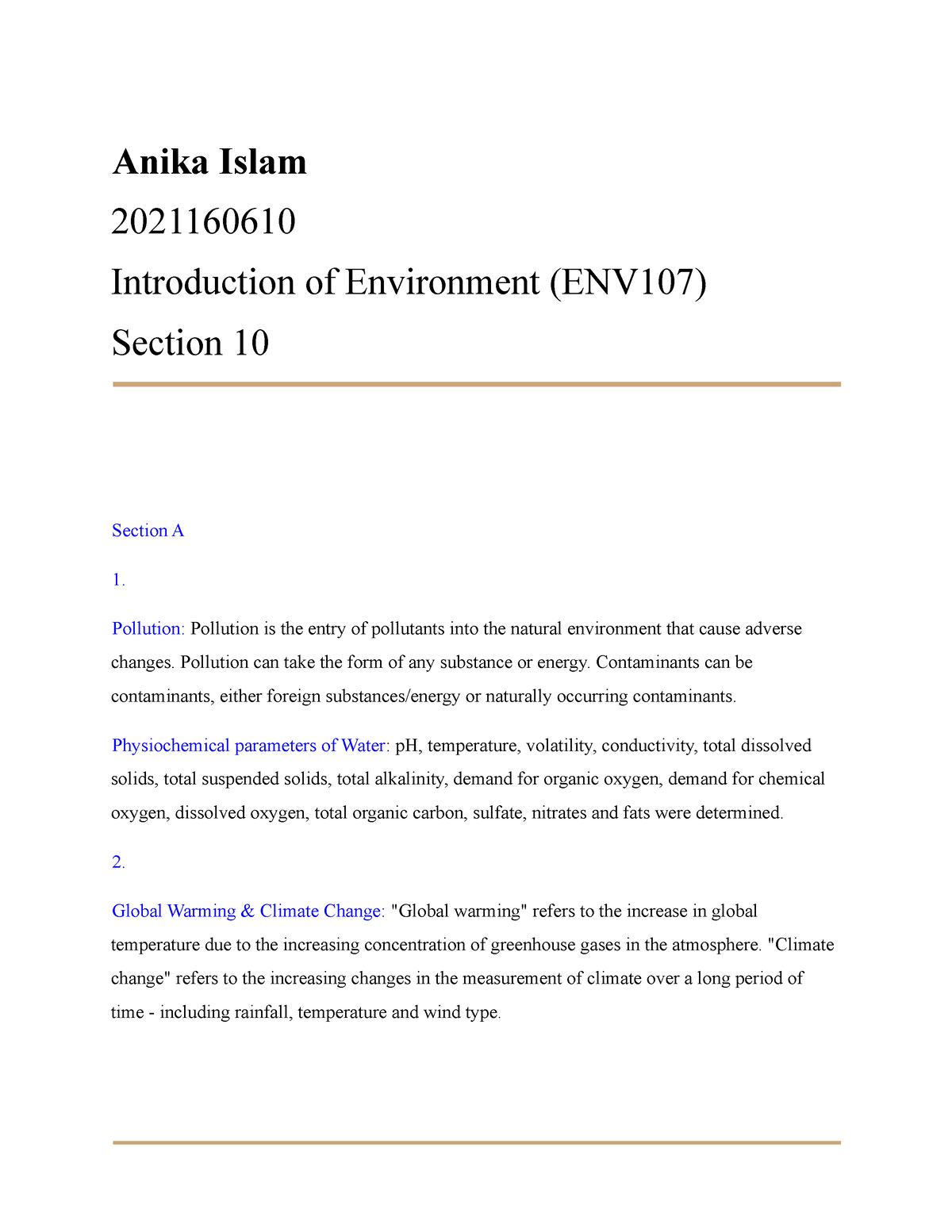 Answer Final EXAM - Anika Islam 2021160610 Introduction of Environment ...