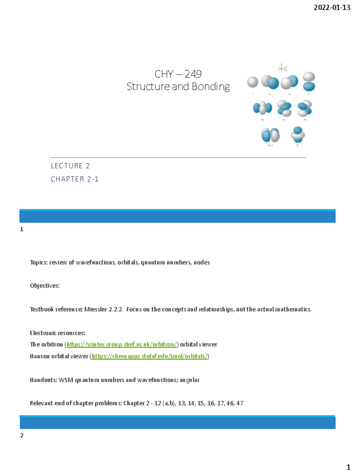Lecture 2 - handouts - CHY – 249 Structure and Bonding LECTURE 2 ...