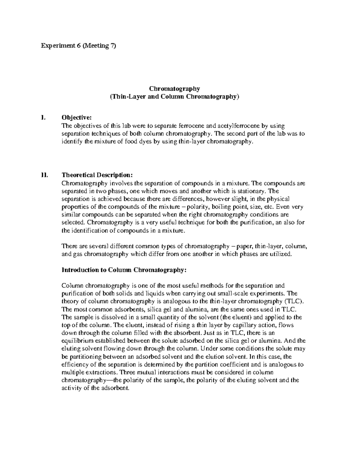 Chromatography Lab Experiment 6 (Meeting 7) Chromatography (Thin
