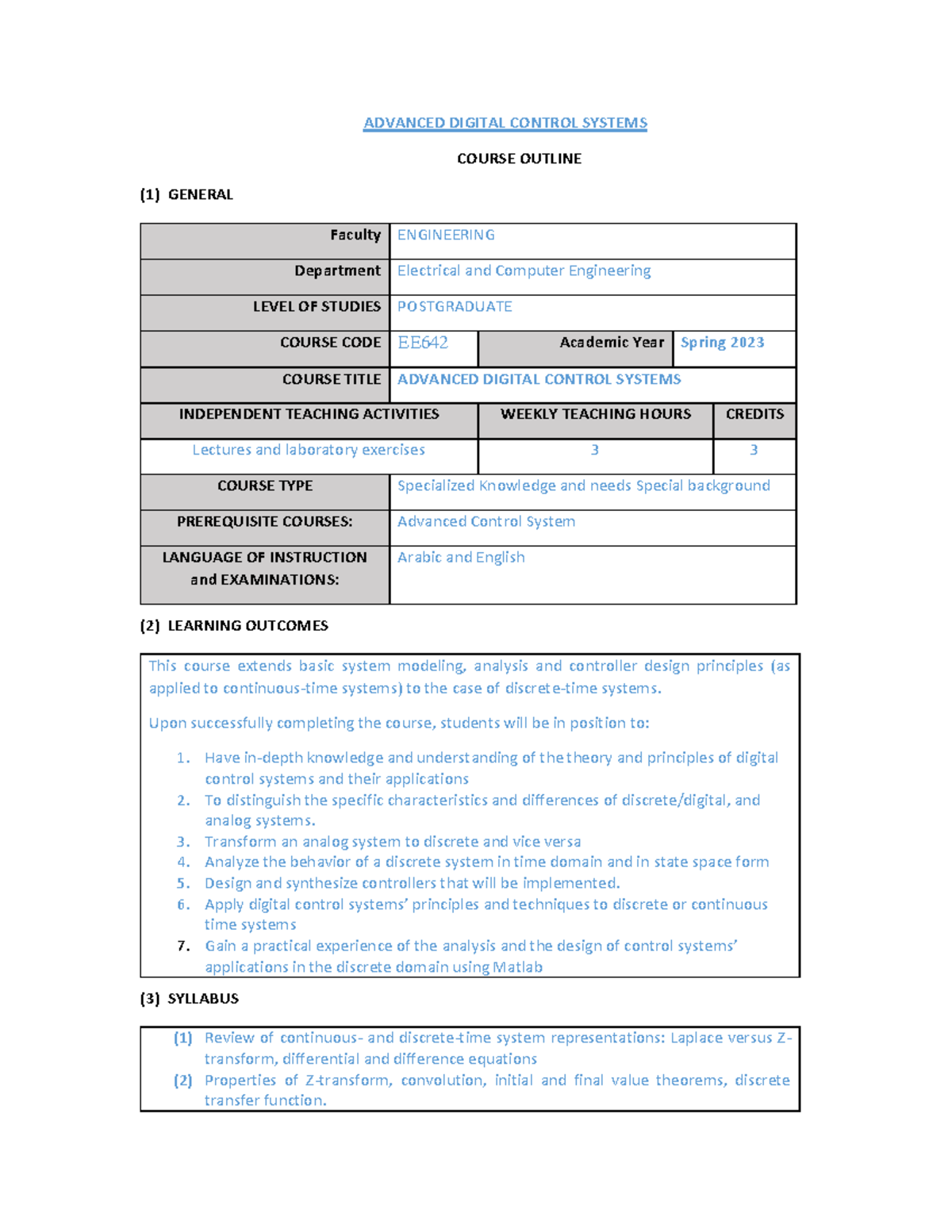 Advanced Digital Control Systems ADVANCED DIGITAL CONTROL SYSTEMS
