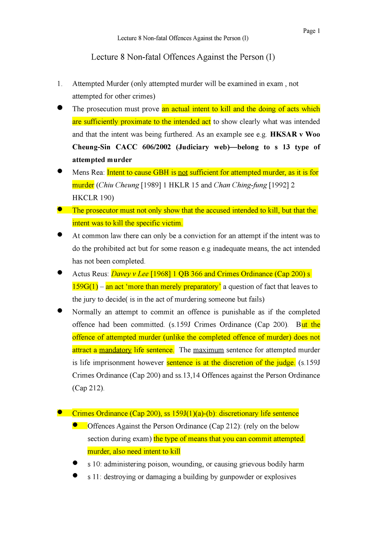 Lecture 8 Non-Fatal Offences Against The Person I - Attempted Murder ...