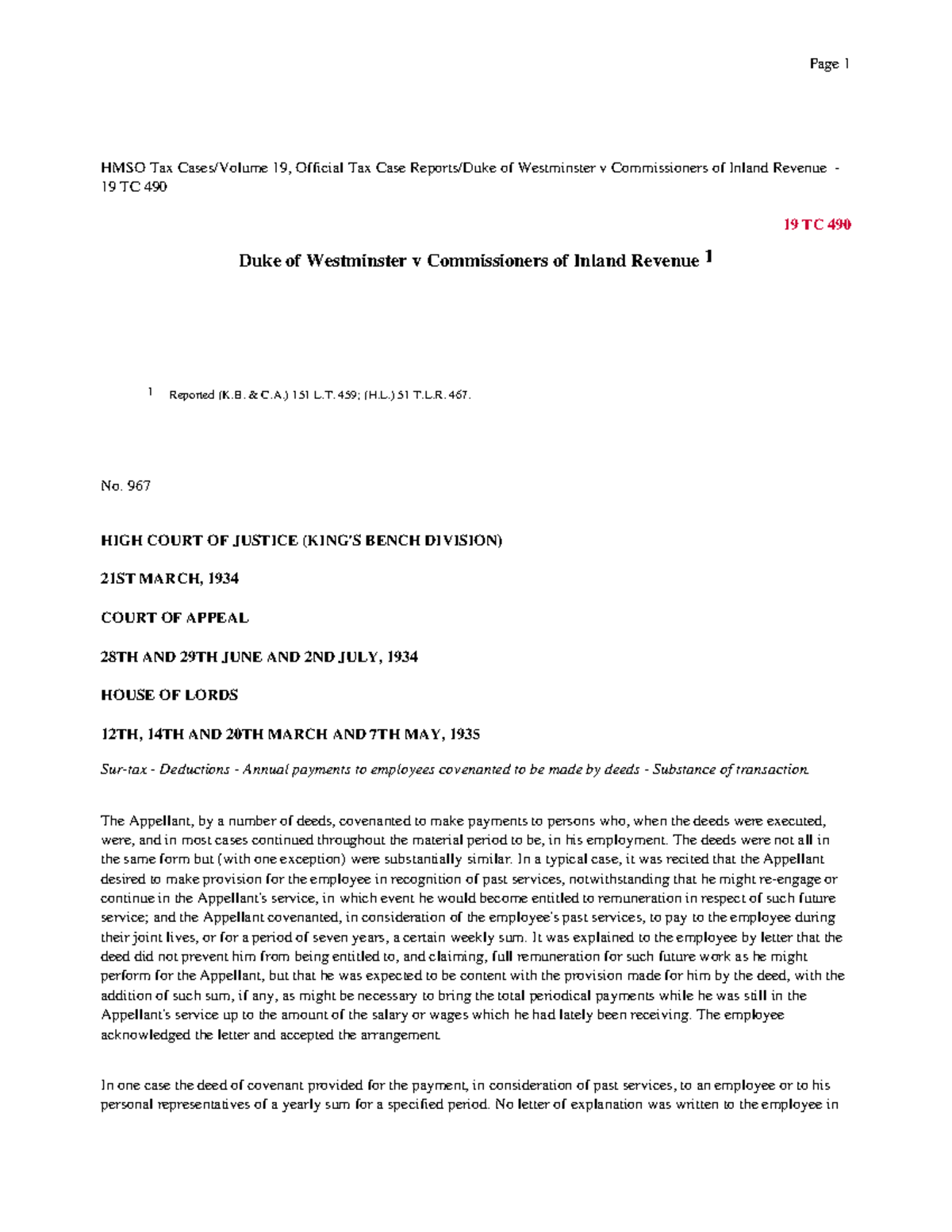 IRC v. Duke of Westminster - HMSO Tax Cases/Volume 19, Official Tax ...