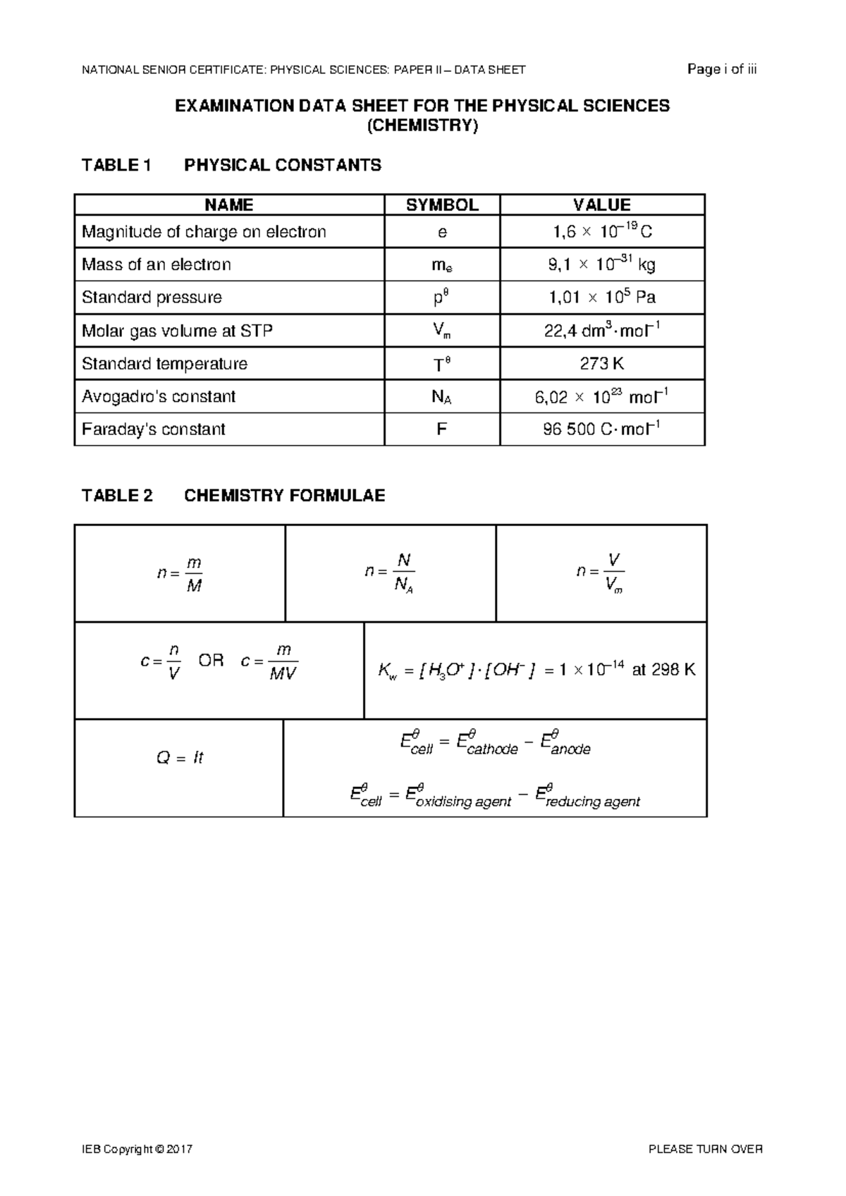 Data Sheet Ieb Chemistry National Senior Certificate Physical Sciences Paper Ii