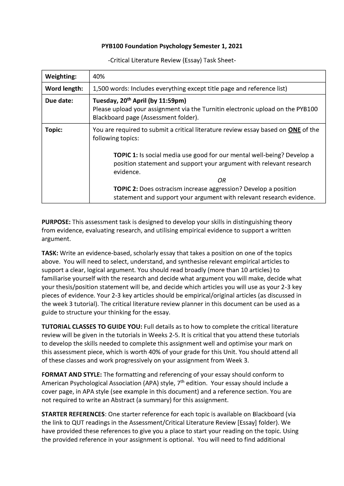 PYB100 Assignment Guidelines 2021 - PYB100 Foundation Psychology ...