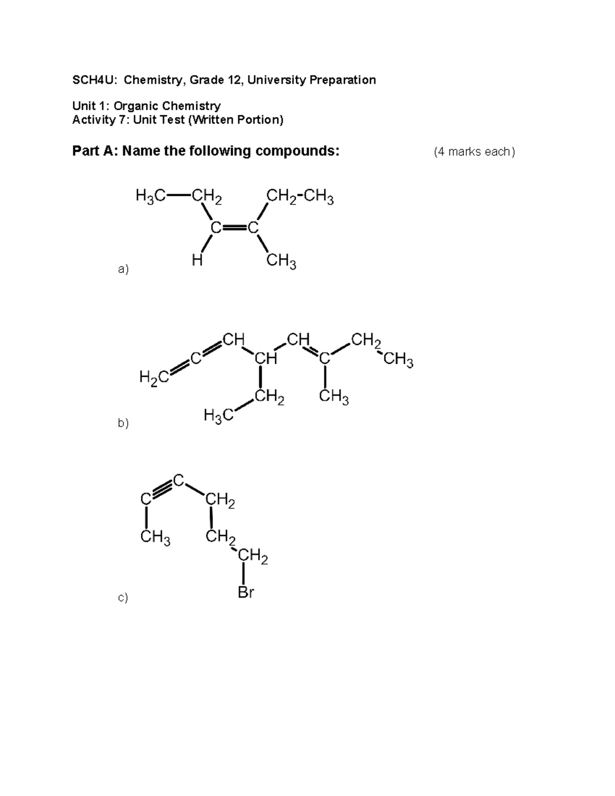 SCH4U Unit 1 Test Assignment - SCH4U: Chemistry, Grade 12, University ...