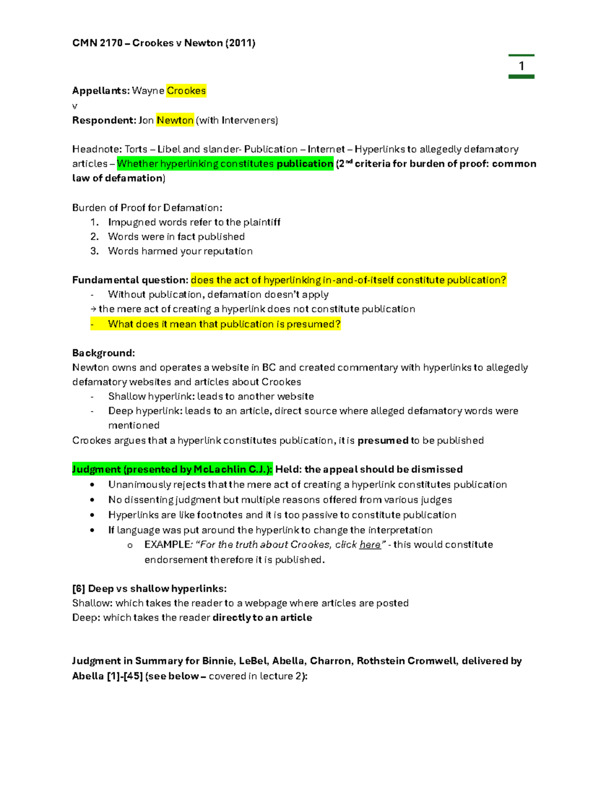 11 - lecture notes - 1 Appellants: Wayne Crookes v Respondent: Jon ...