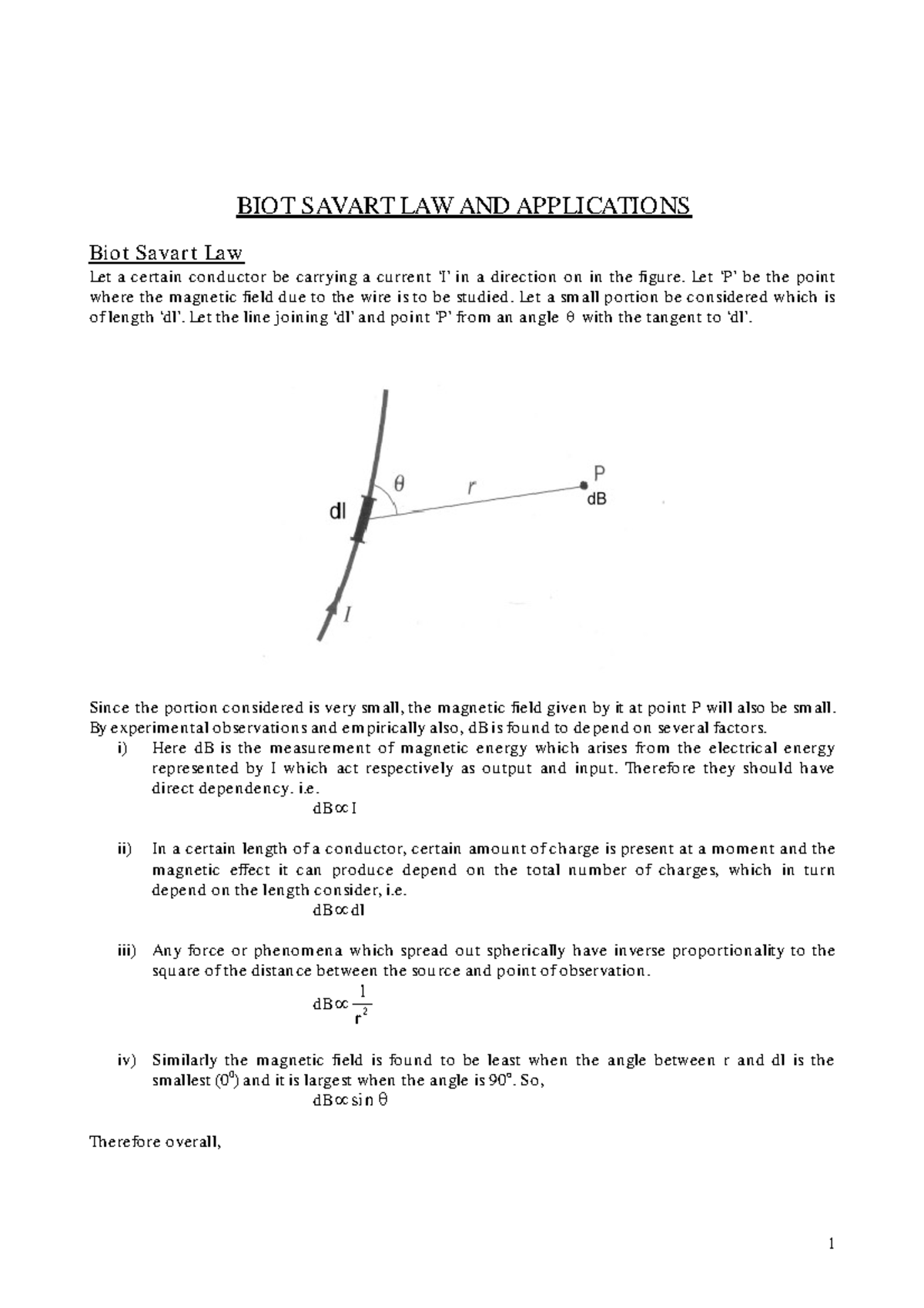 Biot-Savart’s Law and its simple applications - BIOT SAVART LAW AND ...