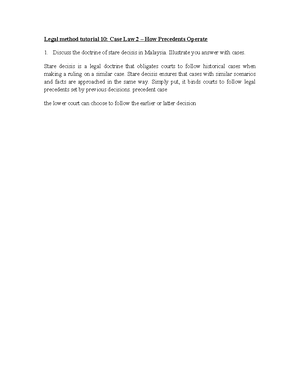 Tutorial 7 stare decisis - LEGAL METHOD (LIA 1001) TUTORIAL 7 DOCTRINE ...