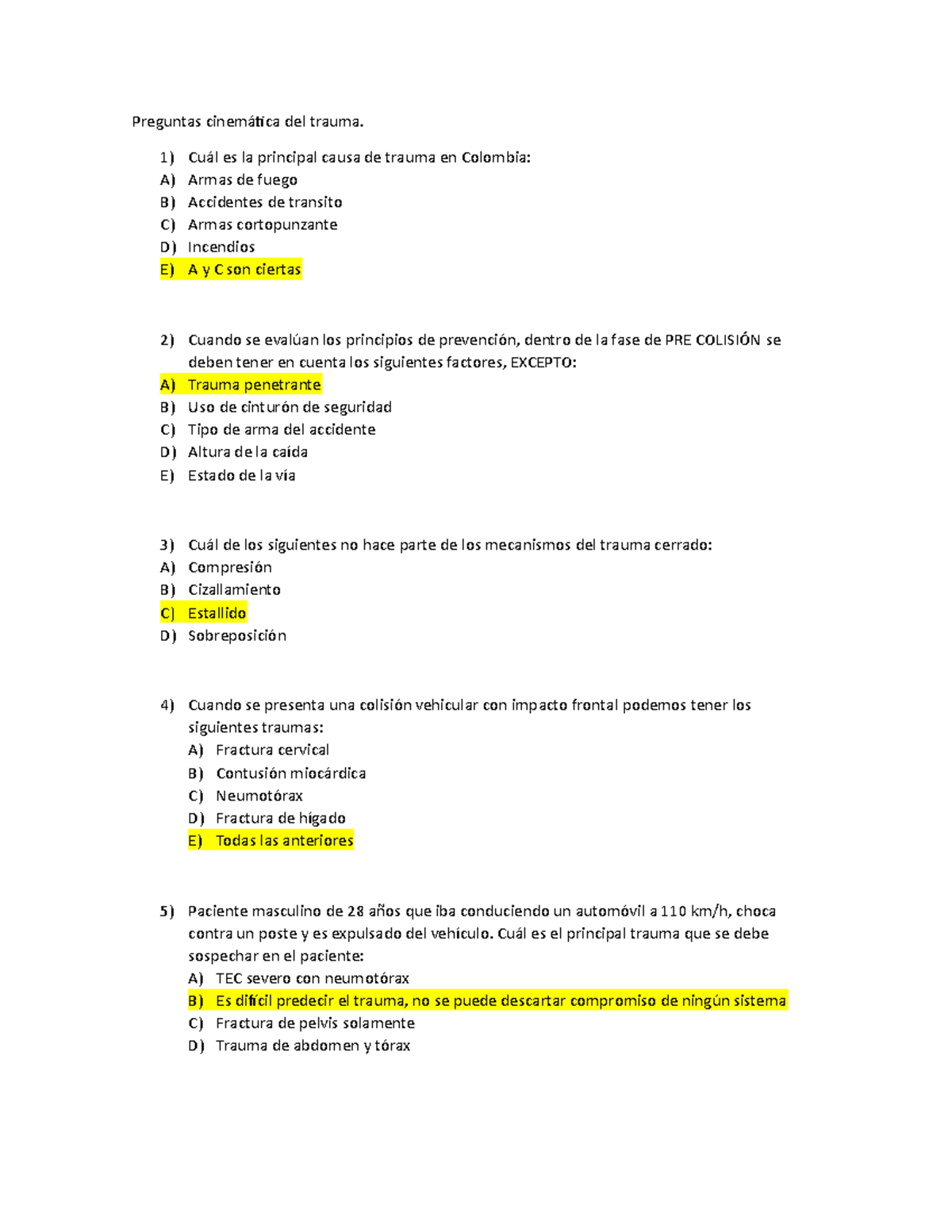 Examen 2017, Preguntas Y Respuestas - Preguntas Cinemática Del Trauma ...