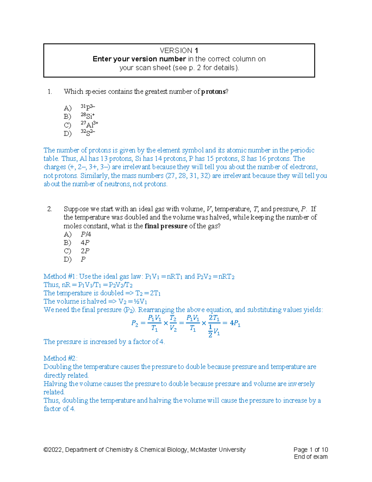 Chem 1A03 F2022 Test 1 - Version 1-solutions - © 2022 , Department of ...