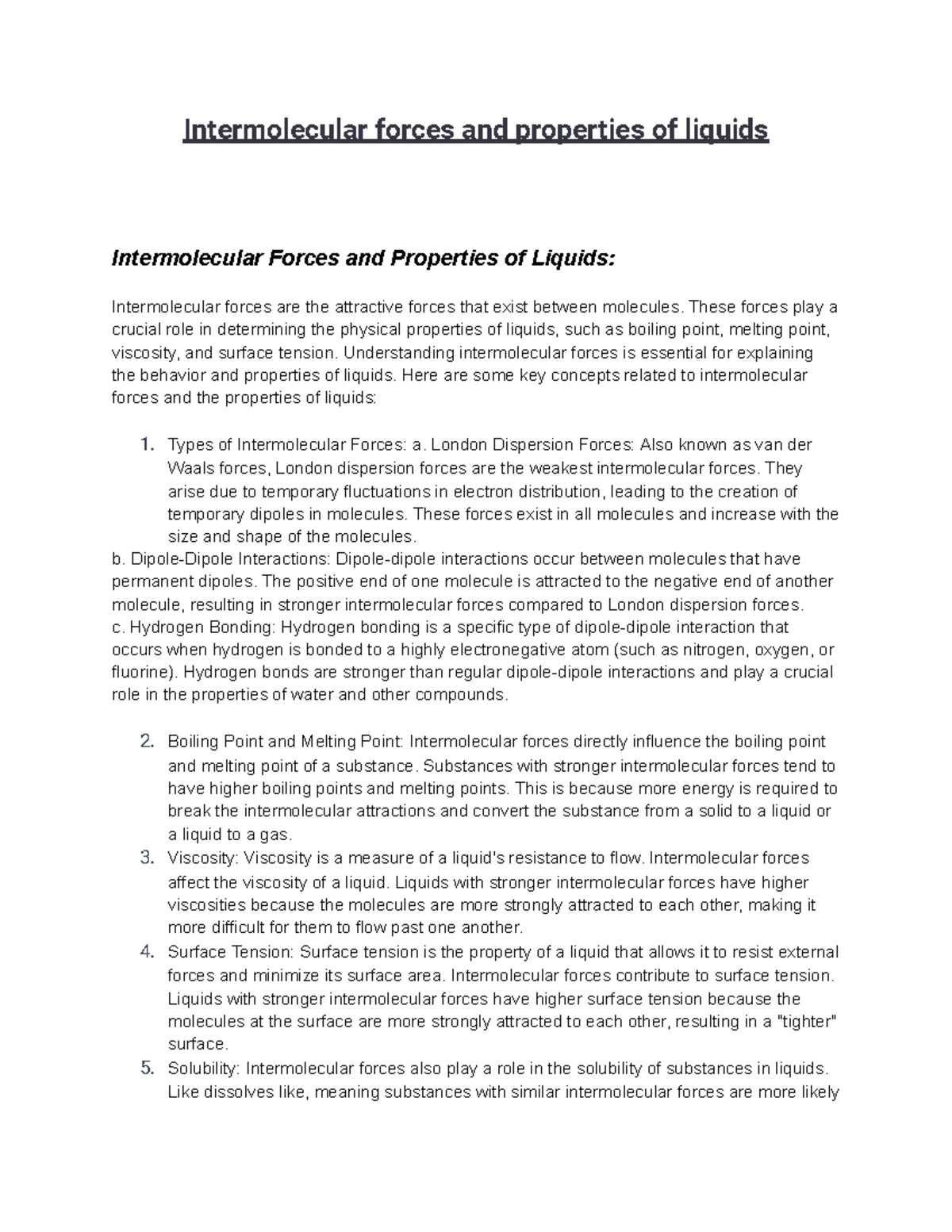 Notes on Intermolecular forces and properties of liquids ...