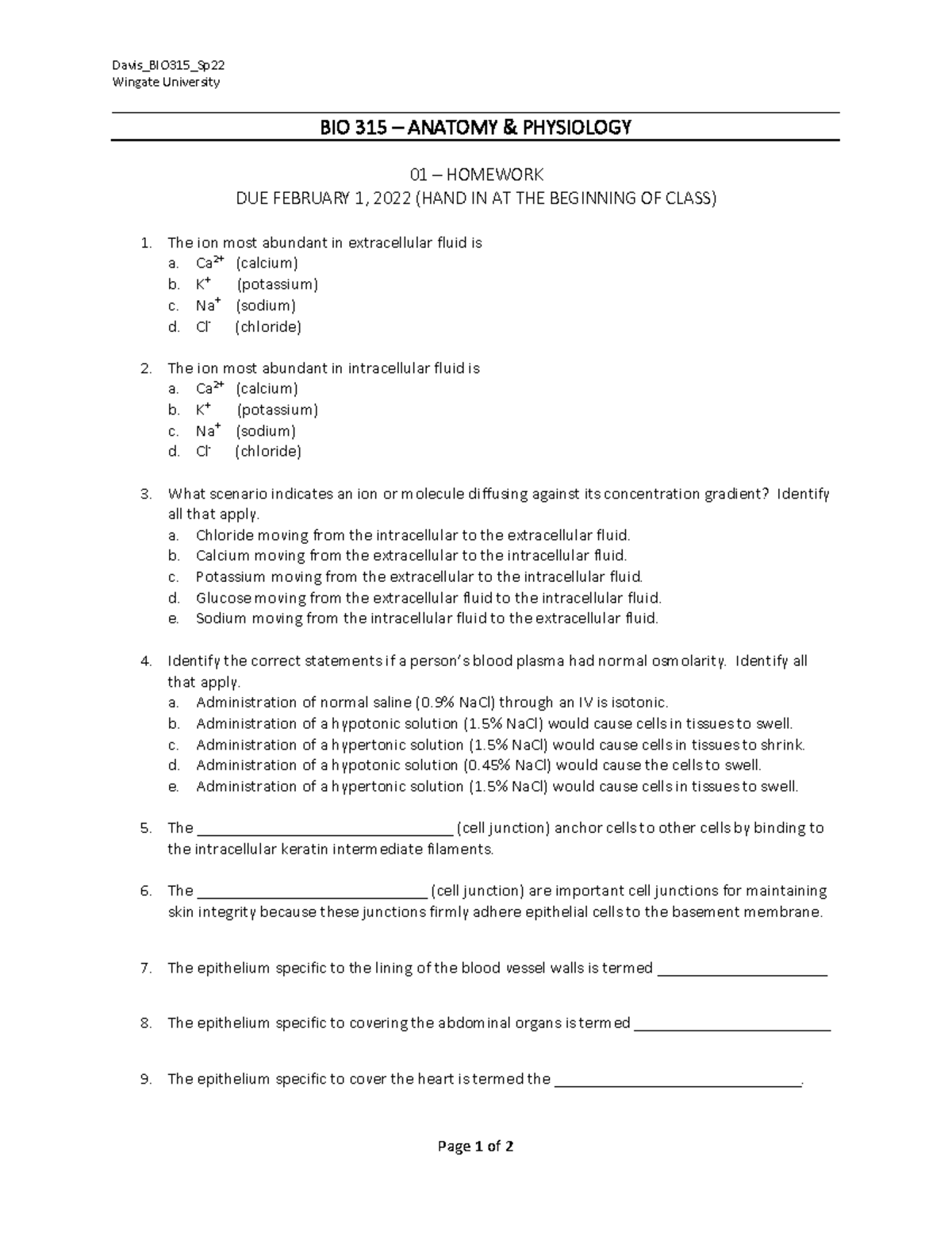 01 HW BIO 315 Sp22 study material Davis_BIO315_Sp Wingate University Page 1 of 2 BIO 315