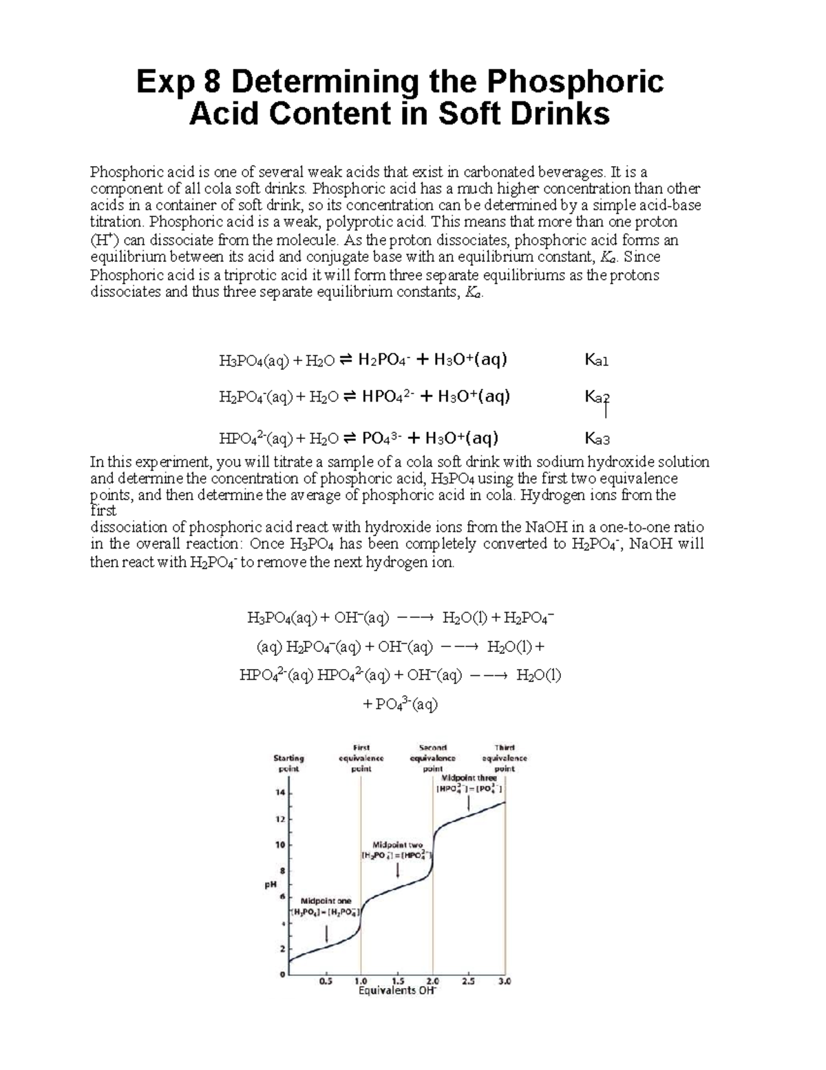 CHEM 182 Phosphoric Acid in Cola Exp 8 Determining the Phosphoric