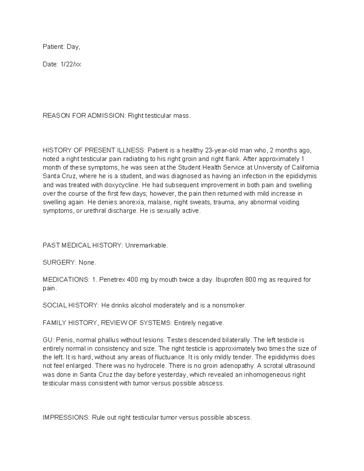 Health Record - lecture notes for practice - Patient: Day, Date: 1/22 ...