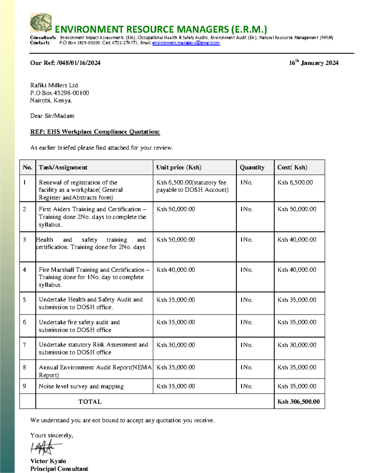 Quotation OSH compliance - ENVIRONMENT RESOURCE MANAGERS (E.R ...
