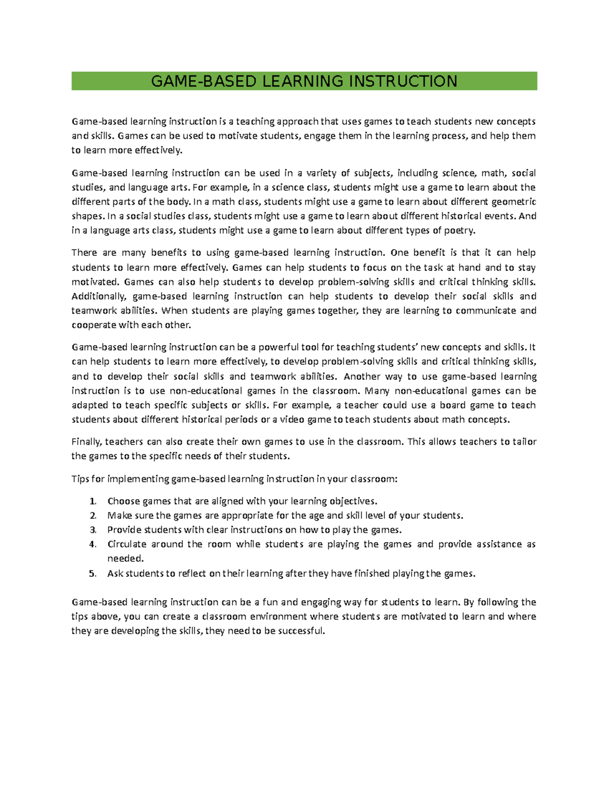 Game-based learning - GAME-BASED LEARNING INSTRUCTION Game-based ...