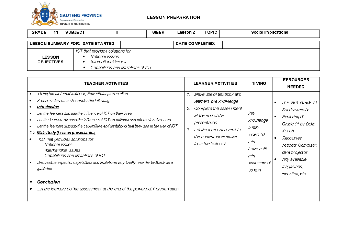 Lesson 2 Lesson Plan LESSON PREPARATION GRADE 11 SUBJECT IT WEEK