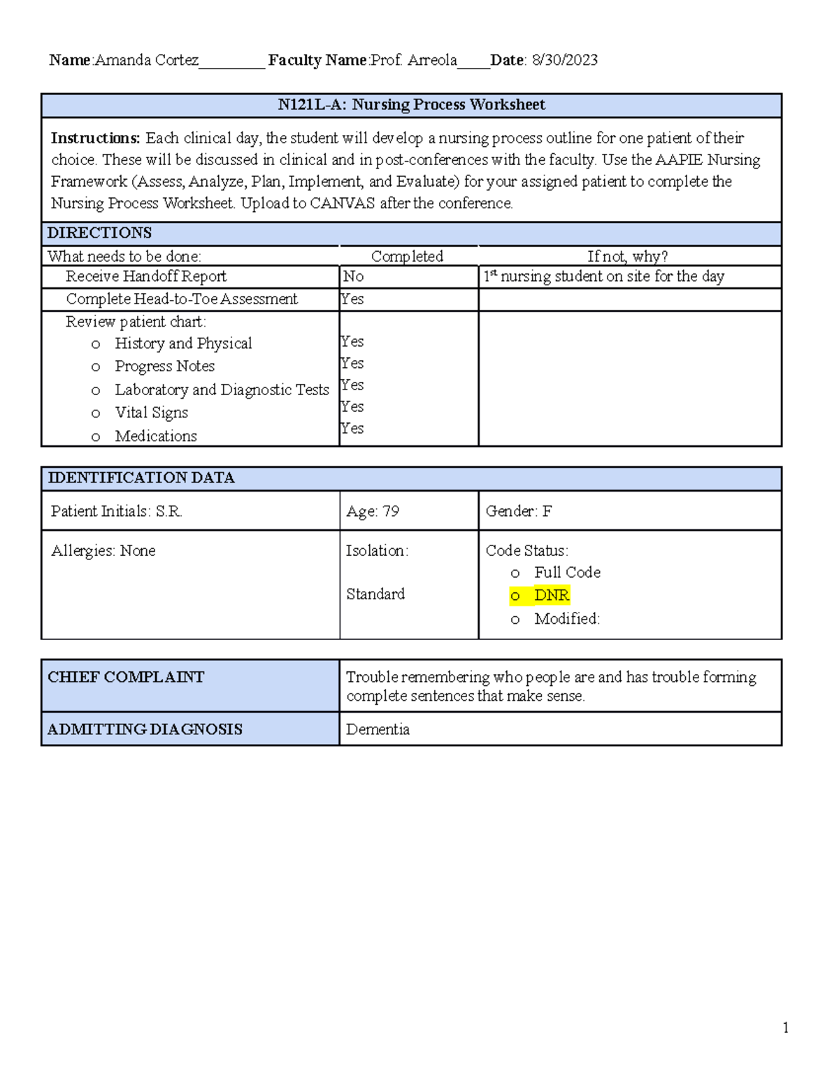 N121L-A NPW Week 2 - nursing process worksheet - Name:Amanda Cortez ...