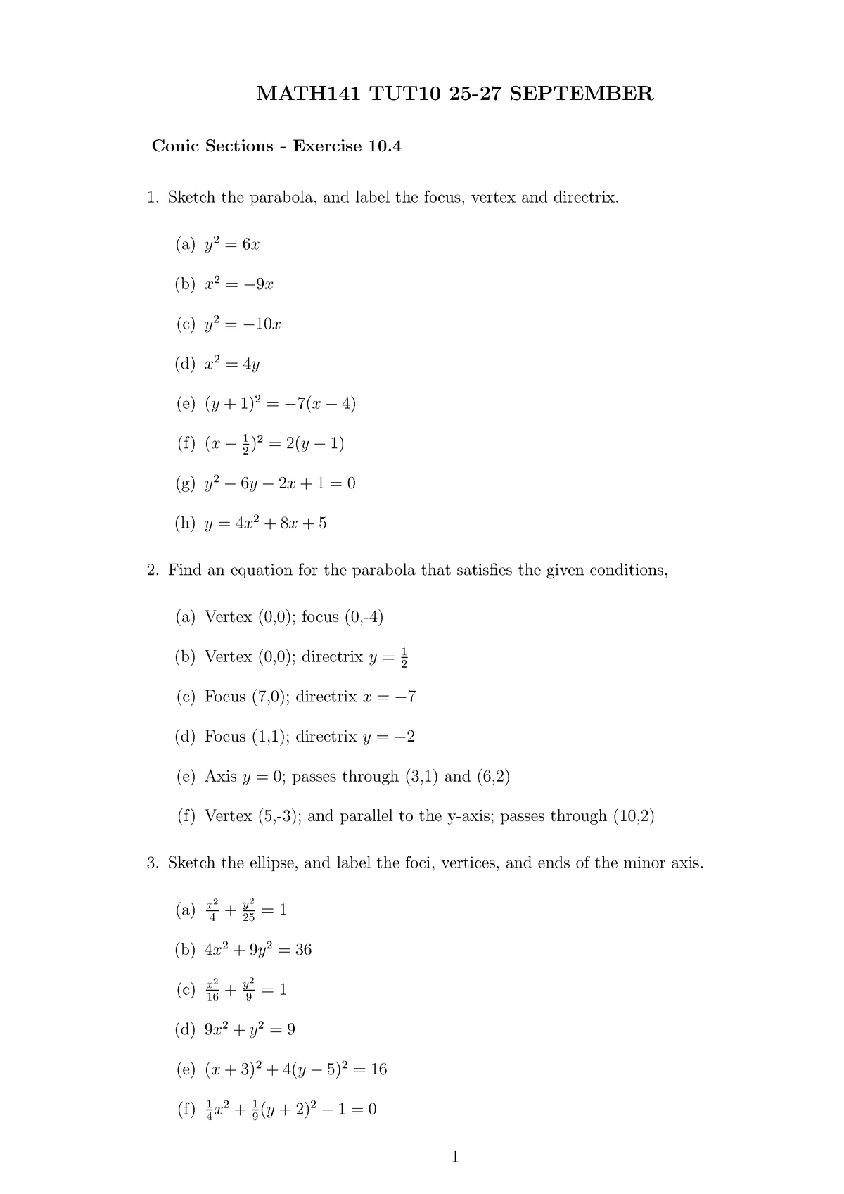 TUT 10 - M141 - MATH141 TUT10 25-27 SEPTEMBER Conic Sections - Exercise ...