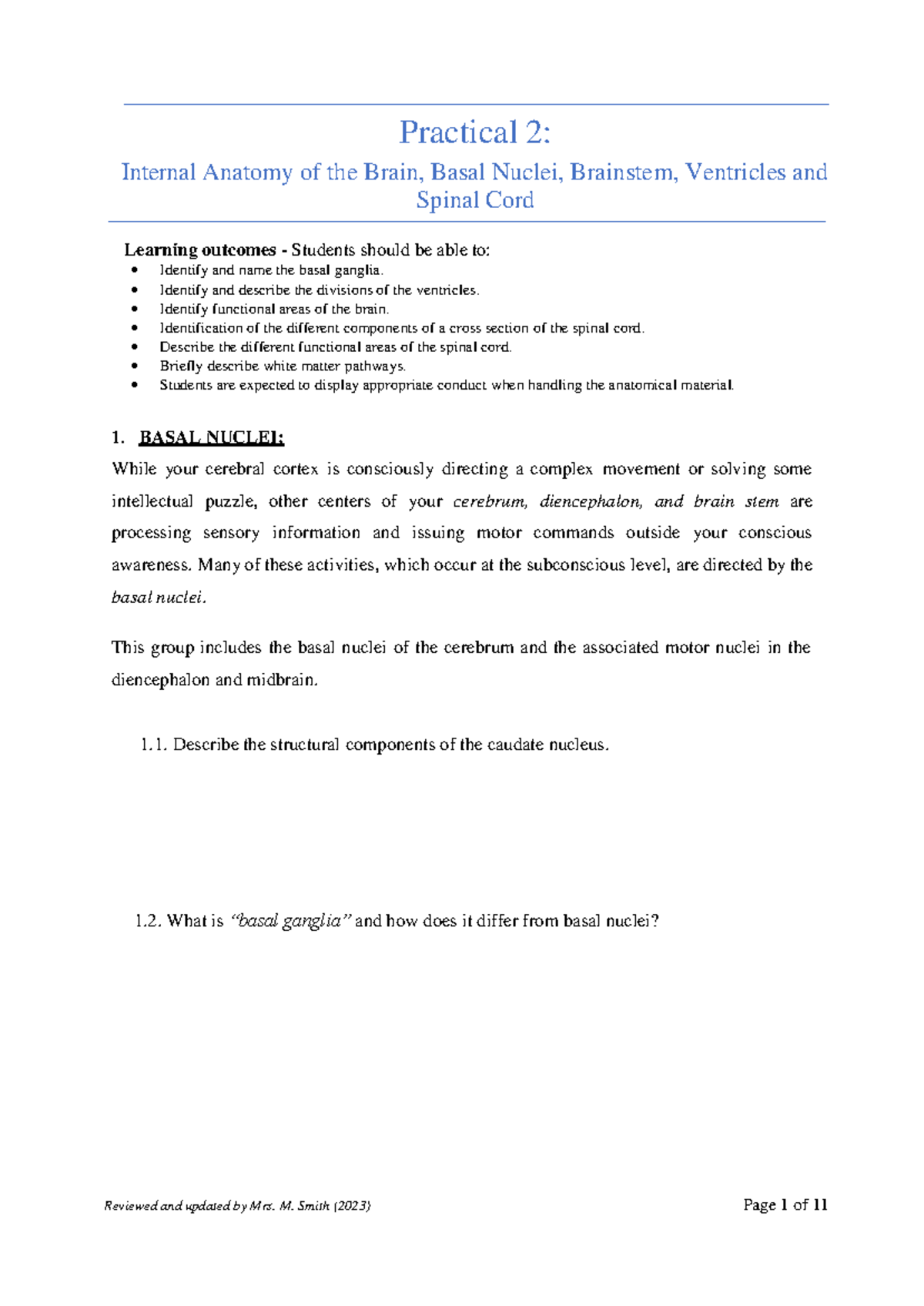 MBS121 Practical+02 Worksheet Internal++Anatomy+of+the+Brain ...