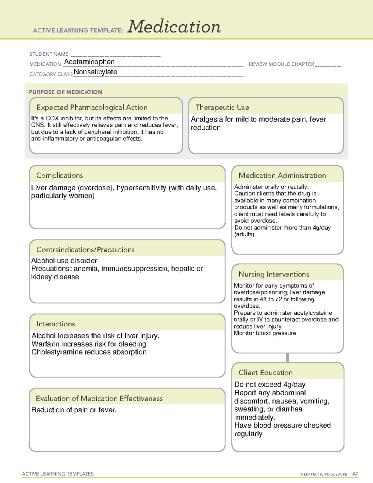 Acetaminophen med cards ACTIVE LEARNING TEMPLATES THERAPEUTIC