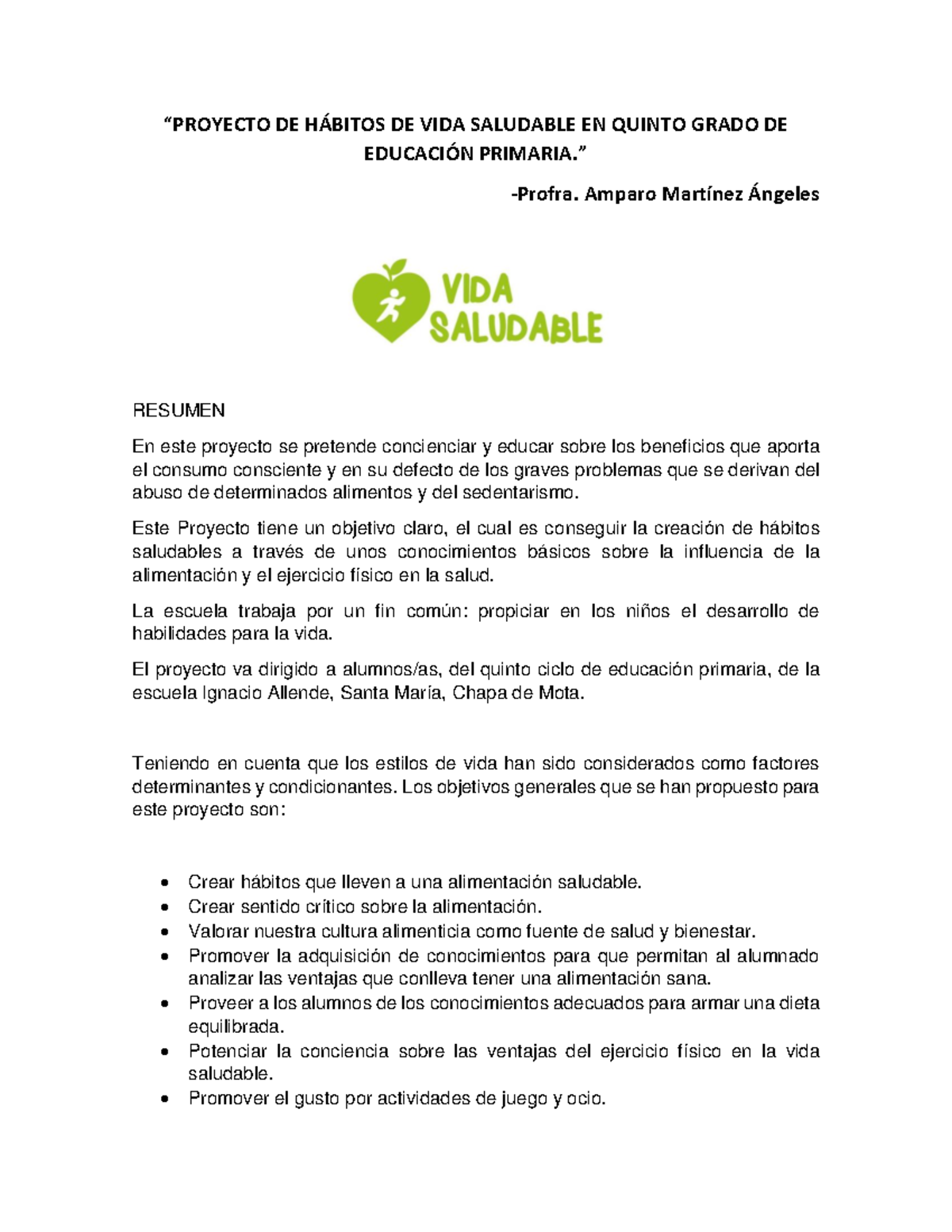 Proyecto DE Hábitos DE VIDA Saludable EN Quinto Grado DE Educación