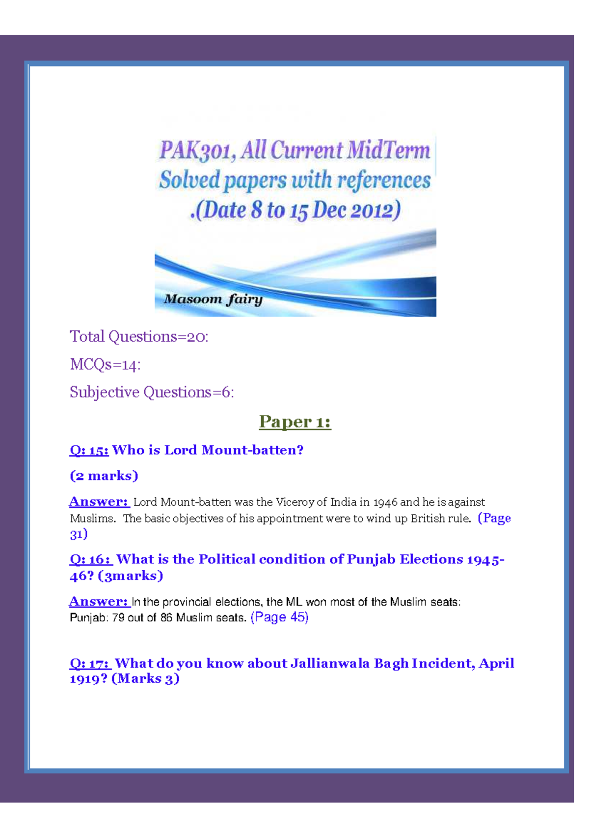PAK301 Current Solved Papers - Total Questions=20: MCQs=14: Subjective ...