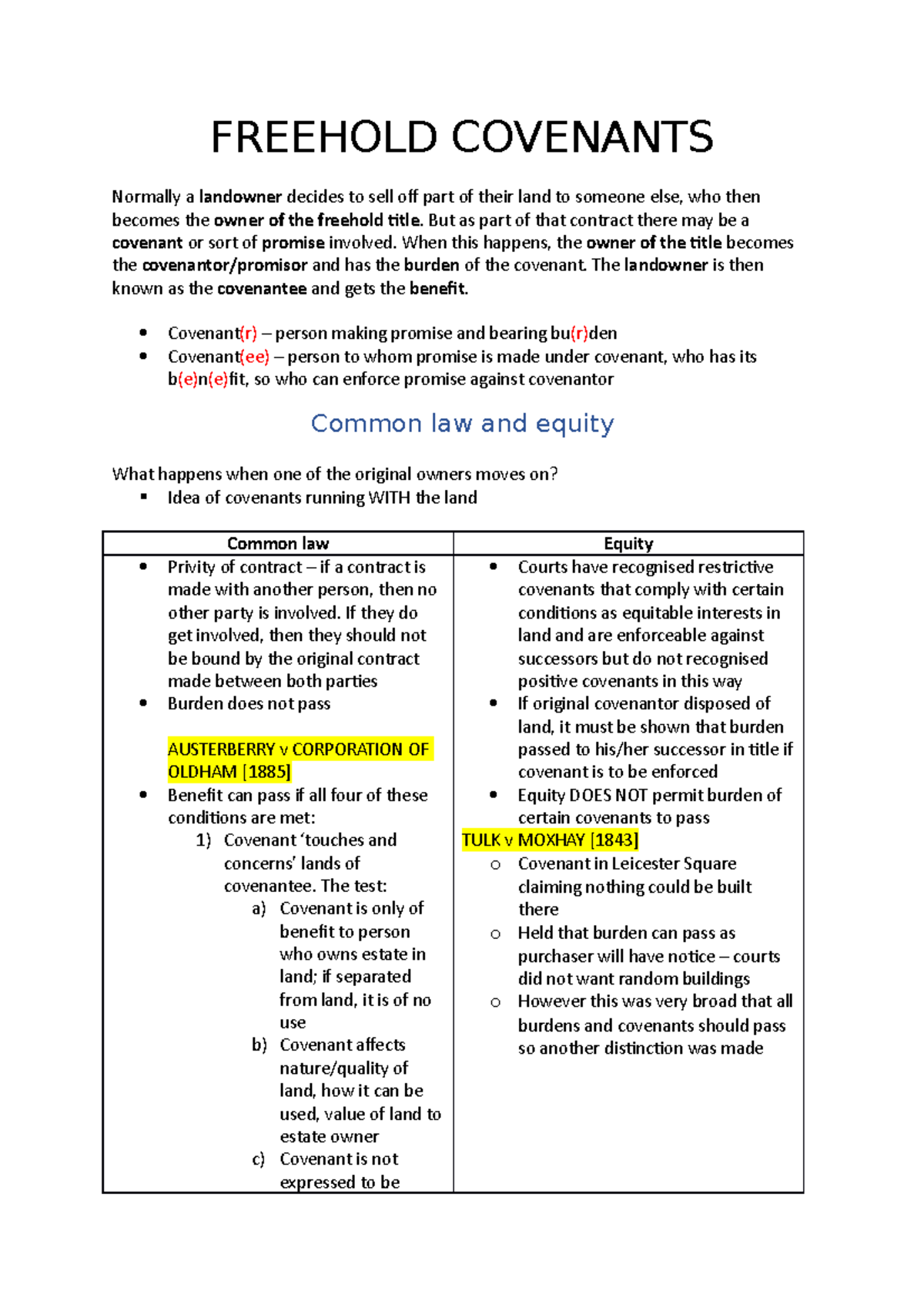 Revision 1314 FREEHOLD COVENANTS Normally a landowner decides to