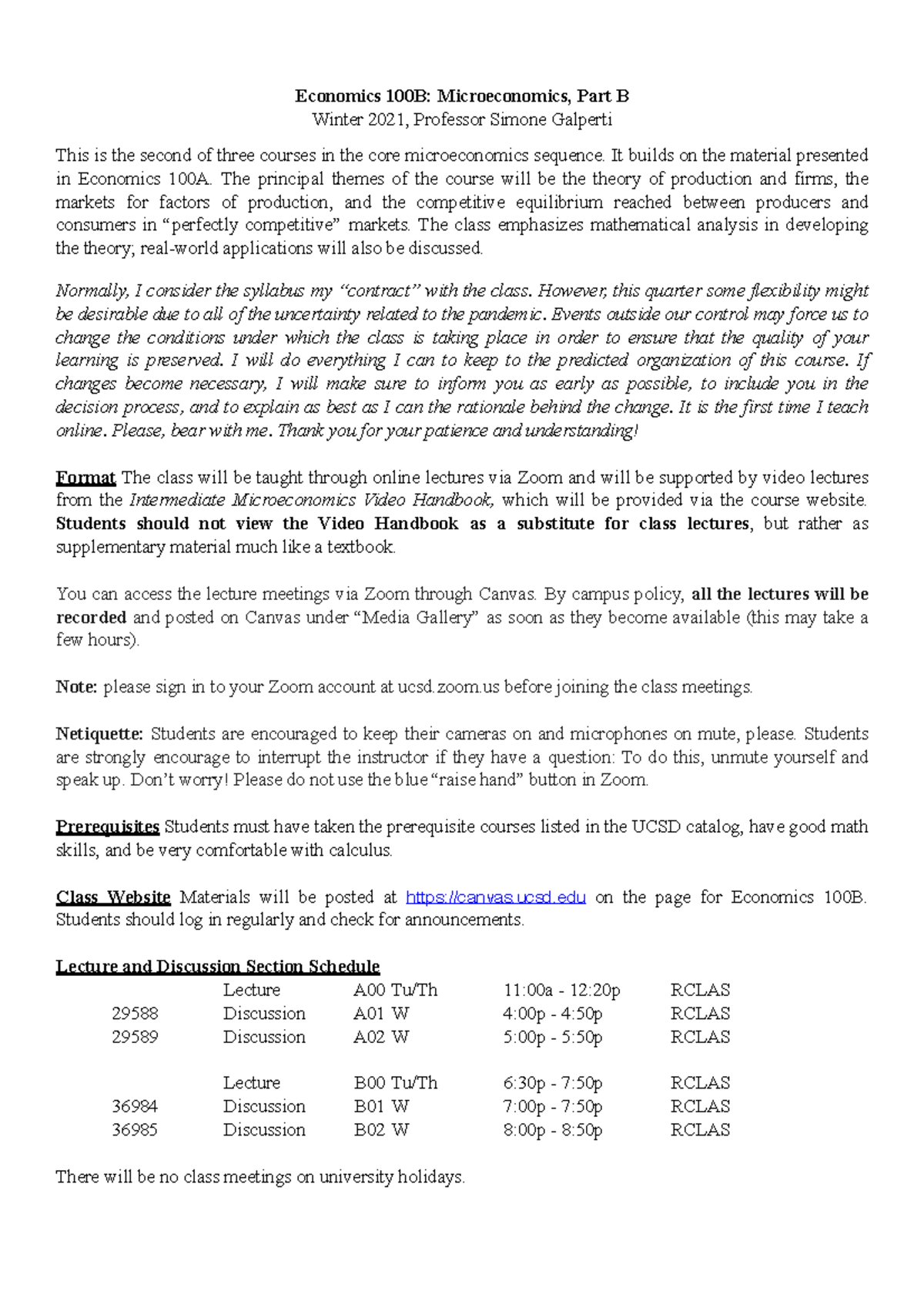 Winter 2021 Econ 100B - Syllabus - Economics 100B: Microeconomics, Part ...