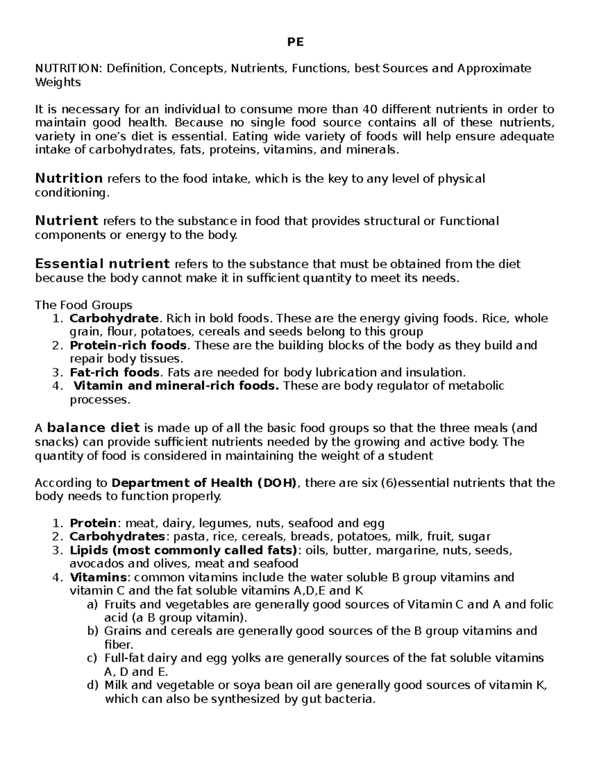 Pathfit Midterm reviewer PE NUTRITION Definition, Concepts