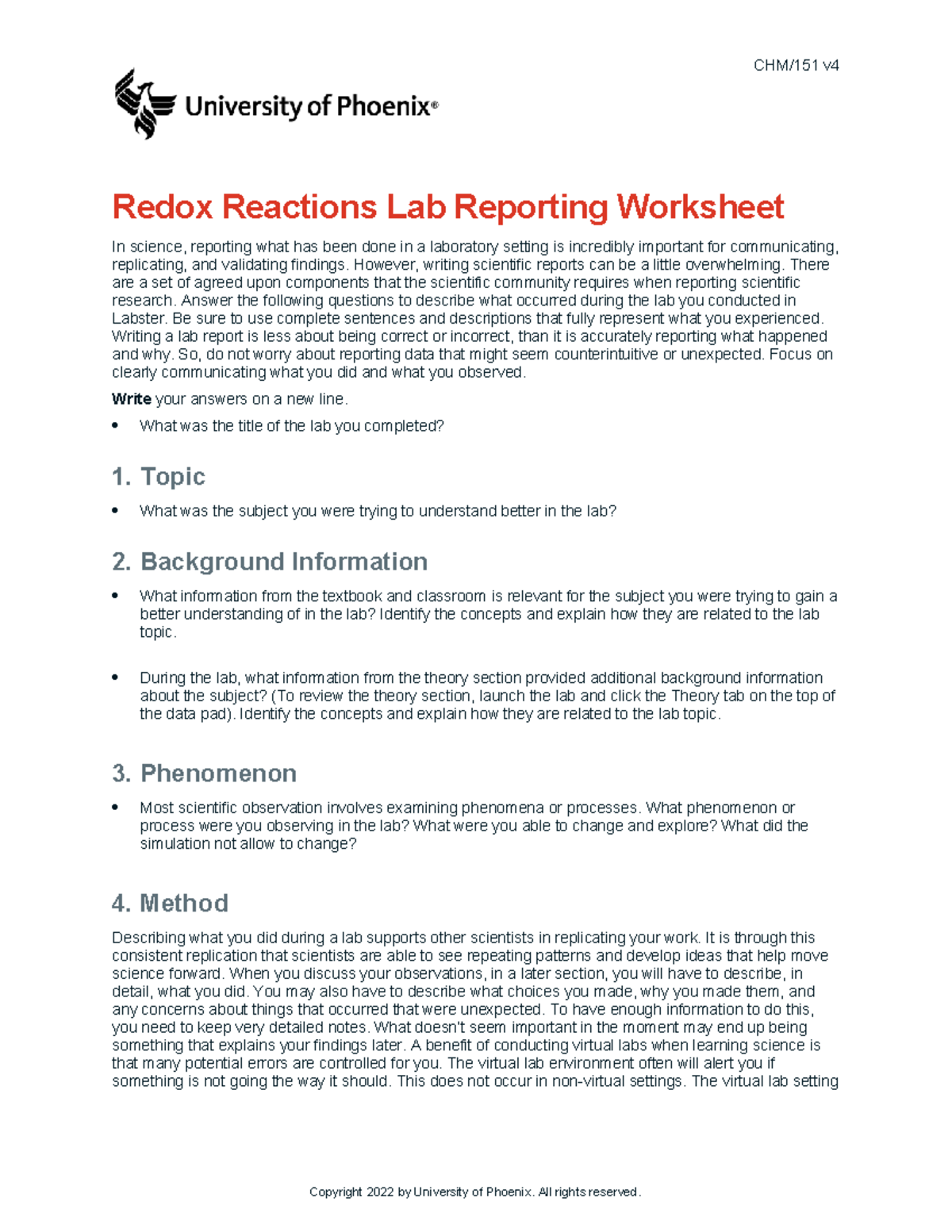 Chm151 V4 Wk5 Redox Reactions Lab Report Observational - CHM/151 V ...