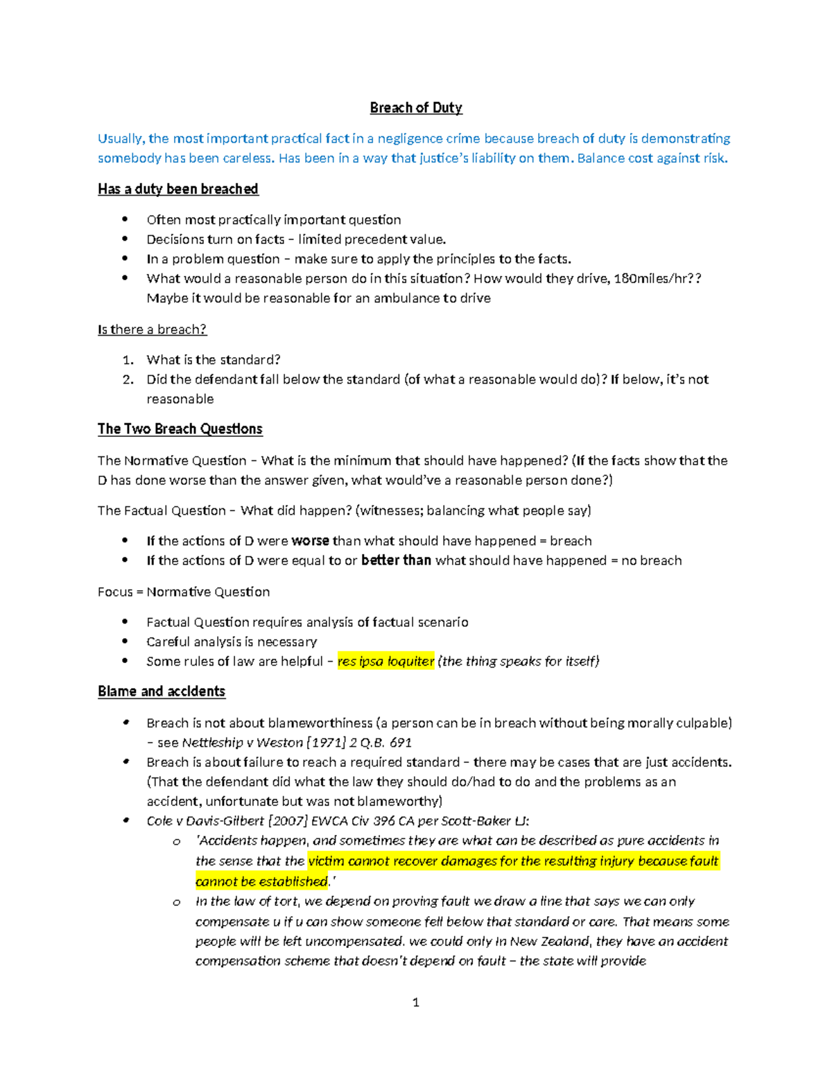 3 Breach of Duty Handout 2022-2023 - Breach of Duty Usually, the most ...