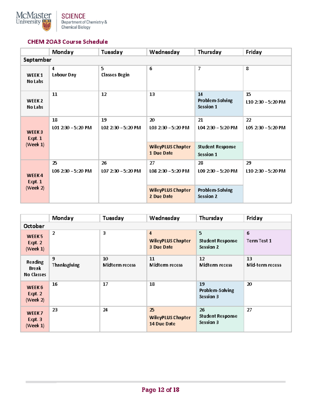 2OA3 Course Schedule Fall 2023 Chem 2Oa3 McMaster Studocu