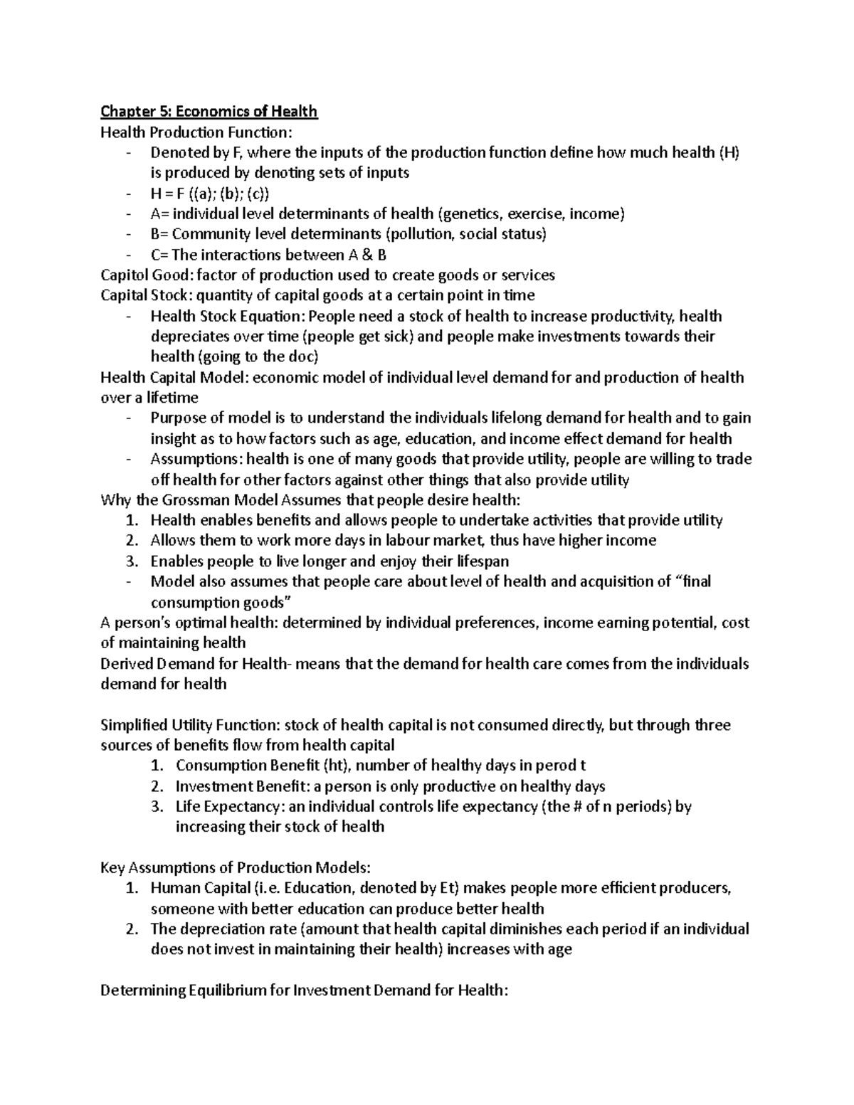 Chapter 5 Ec248 - Chapter 5: Economics Of Health Health Producion ...