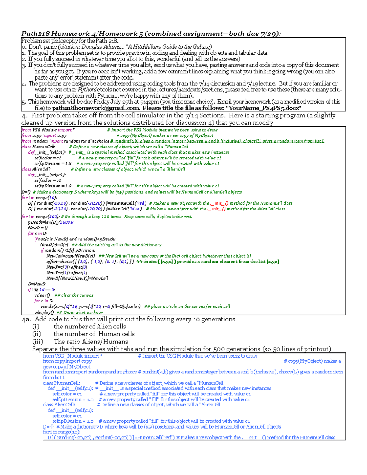 Homework Coding Path218 Homework 4/Homework 5 assignment