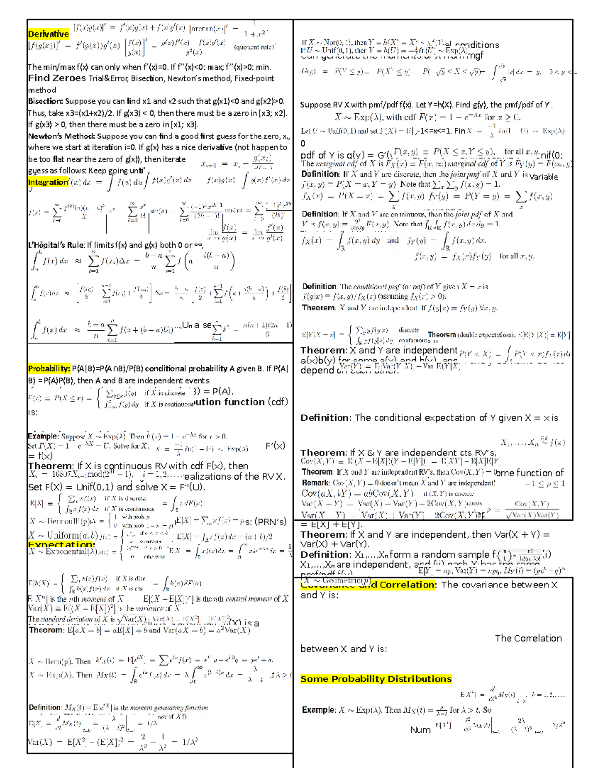 6644 MT1 Cheat Sheet - Derivative The min/max f(x) can only when f’(x ...