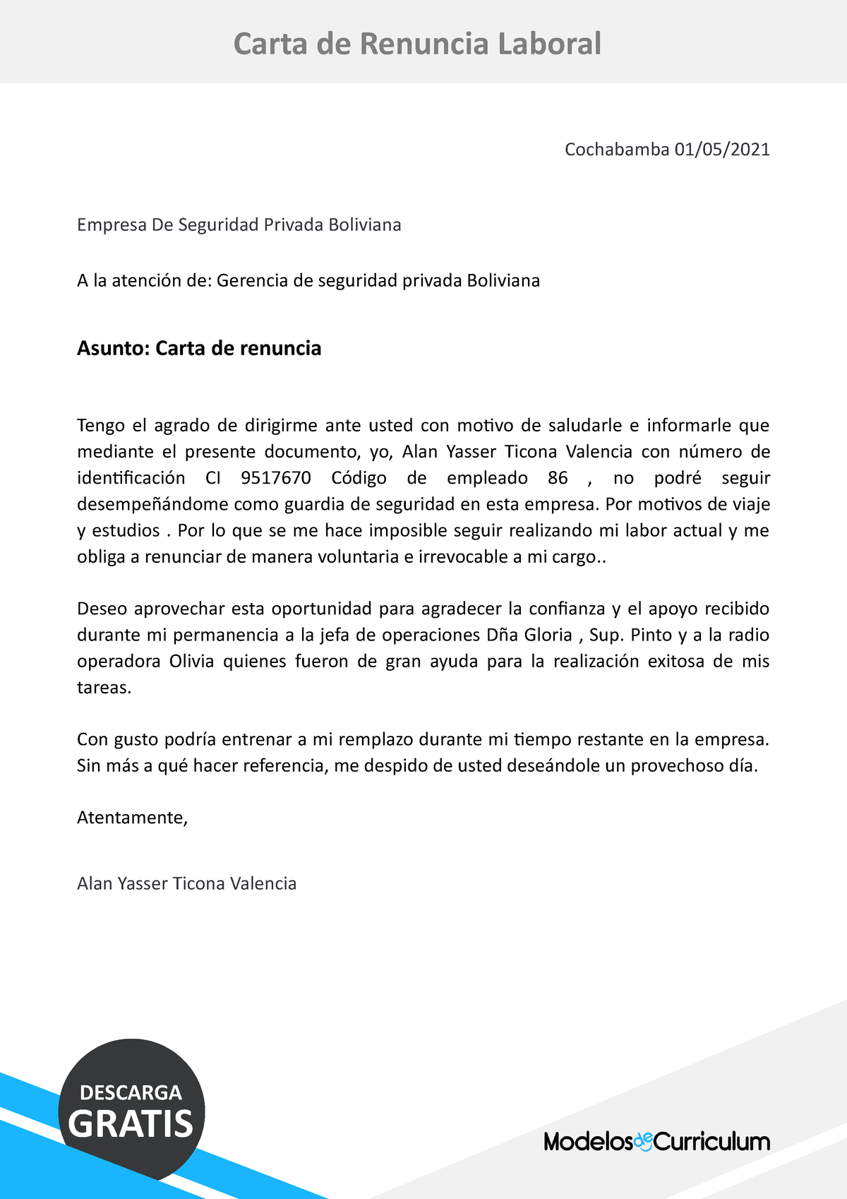 27 modelo de carta de renuncia laboral  Cochabamba 01/05/ Empresa De