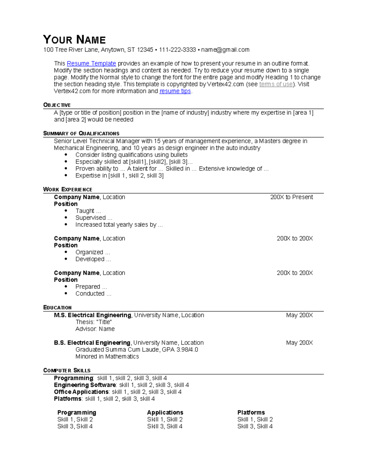 Resume-template Outline - Your Name 100 Tree River Lane, Anytown, St 