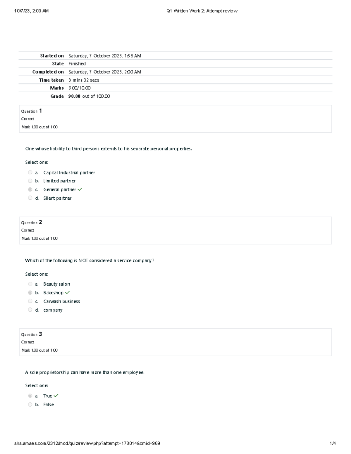 Q1 Written Work 2 Attempt review - Started on Saturday, 7 October 2023 ...