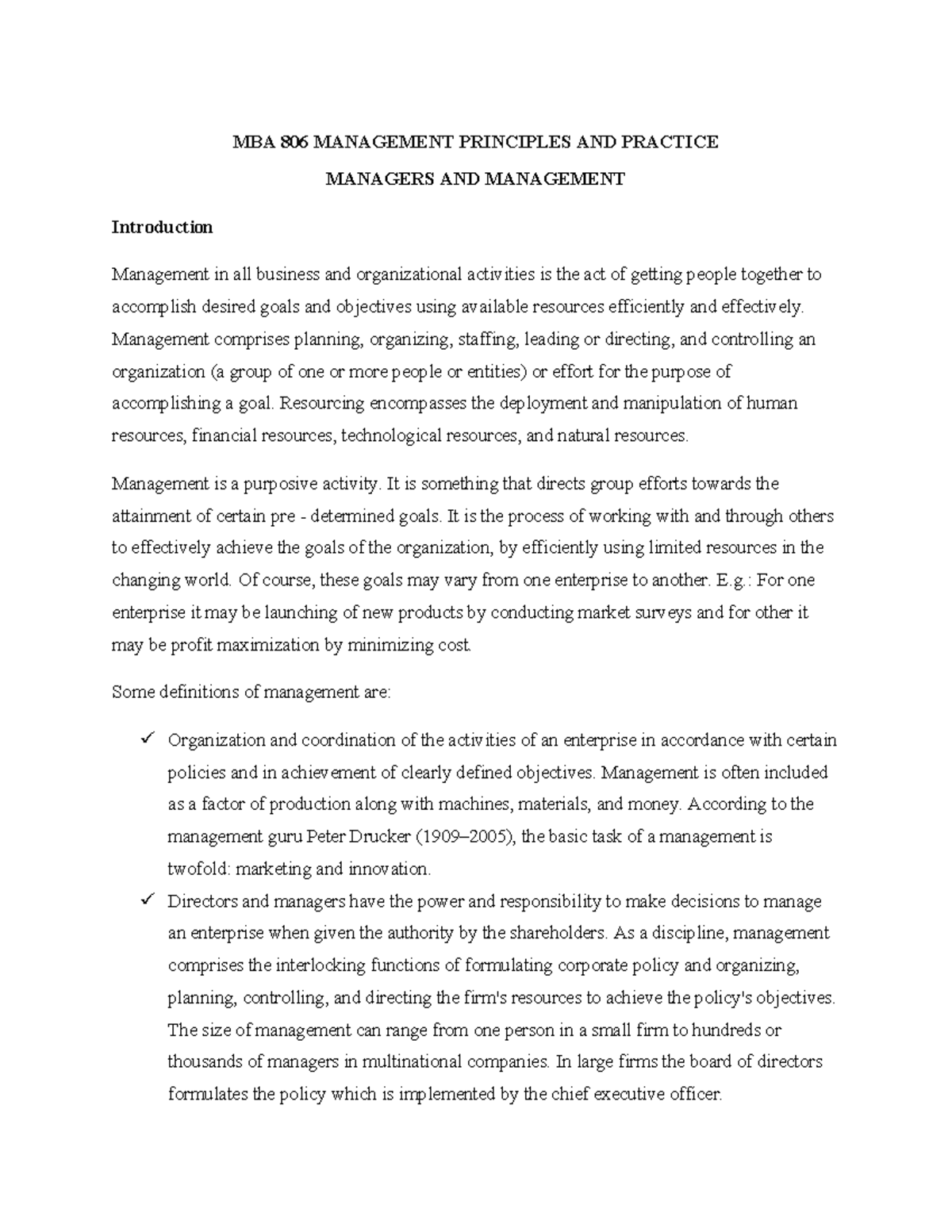 MBA 806 Notes - MANAGEMENT PRINCIPLES AND PRACTICE MANAGERS AND ...