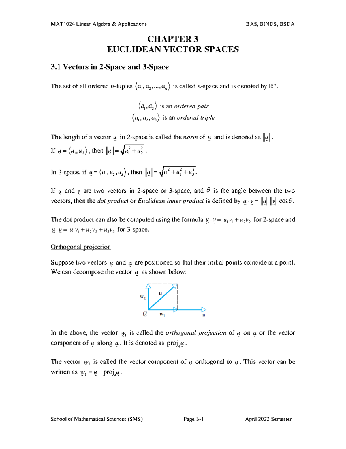Lecture Notes (Chapter 3) MAT1024 LA - CHAPTER 3 EUCLIDEAN VECTOR ...